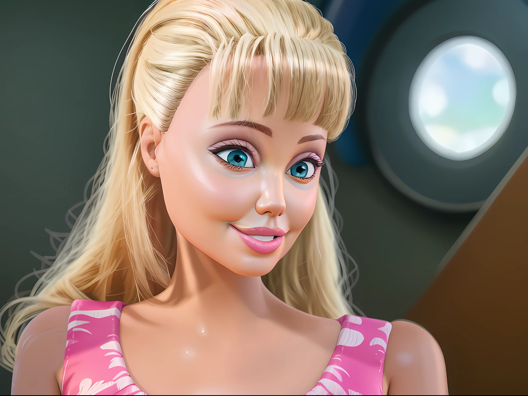 (masterpiece, best quality), highres, (8k, RAW photo, highest quality), (Angelina Jolie como Barbie), (Angelina Jolie face:1.2), Angelina Jolie, (blonde hair) , ultra-realistic, 3d, centered, (TS_Barbie), mid shot, (full body:1.2), a cartoon girl in PINK dress in the style of pixar, (perfect lighting and composition:1),soft lighting, (high detail, 8K resolution:1), hdr:0.7, detailed face, perfect, (dynamic), pose, (high quality:1.2), plastic skin, ((shiny:1.3)), smile, (depth of field:0.8), 50mm, film grain:0.7, fujifilmXT3, focus face, (sad:1.2), looking at viewer, detailed eyes, detailed face, floating particles, beautiful, light makeup, lipstick, (thick waist and thighs:0.6), amazing composition