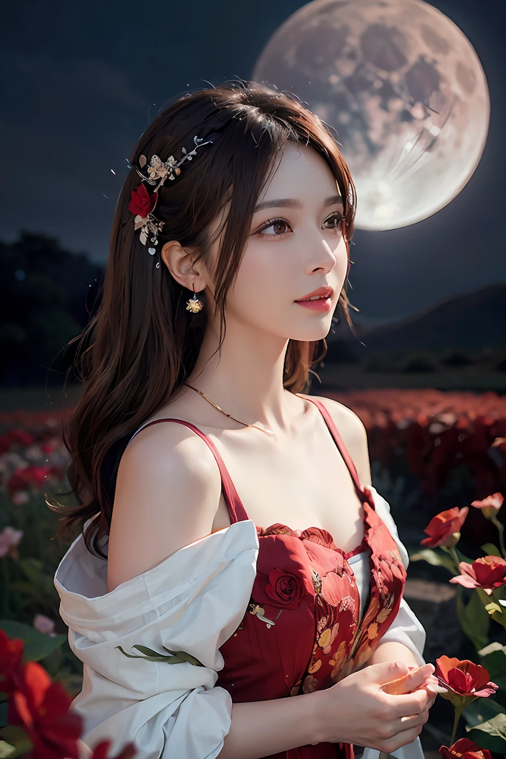 1girl, blurry, blurry_background, brown_eyes, brown_hair, depth_of_field, earrings, flower, full_moon, hair_flower, hair_ornament, lips, looking_at_viewer, moon, moonlight, night, night_sky, outdoors, red_flower, red_moon, sky, solo