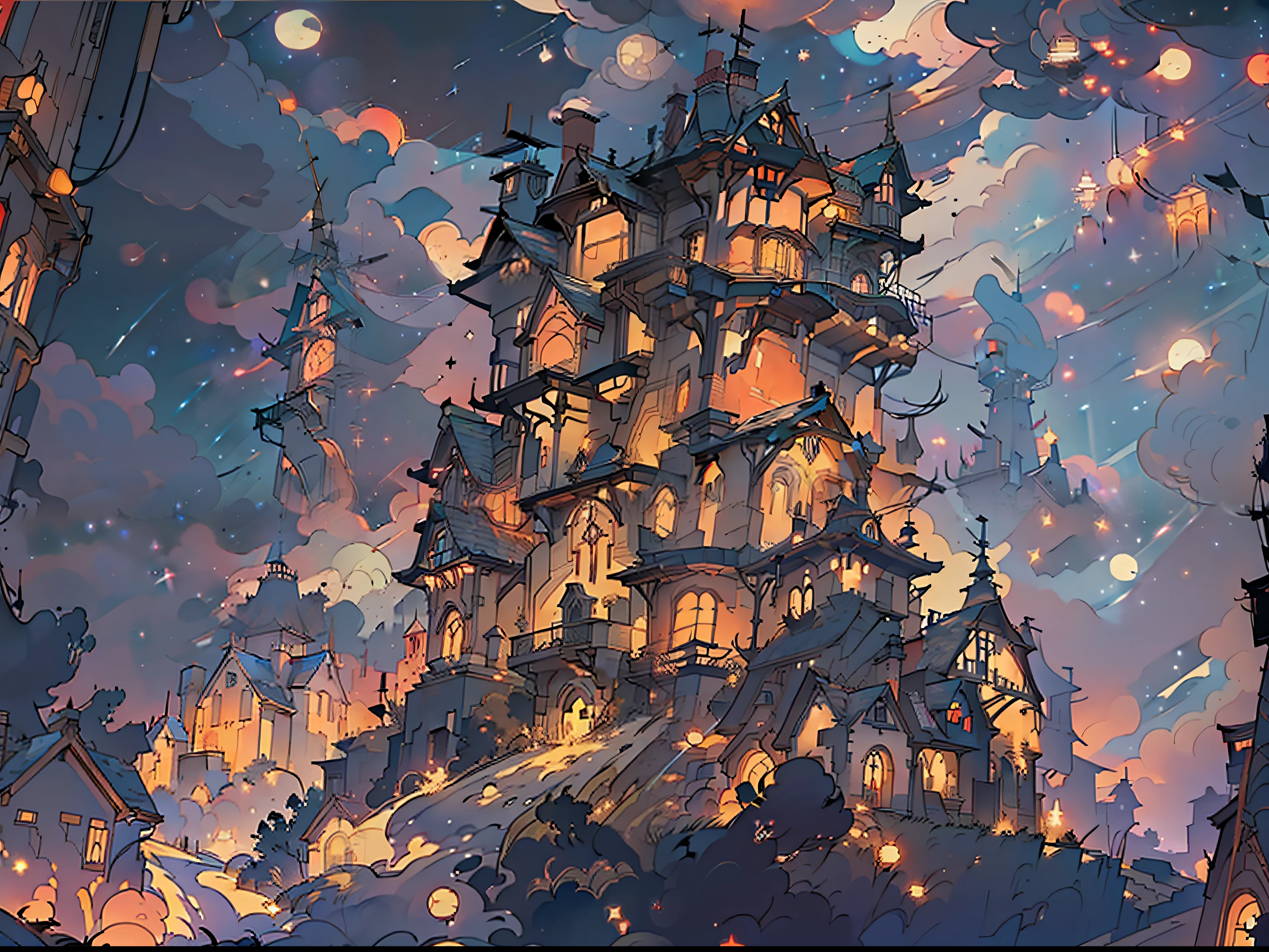 masterpiece, best quality, extremely details, gear, house, night sky, red lights, stars, universe, masterpiece, masterpiece, house, lightings, sci-fi, houses, town on the back, steam punk,