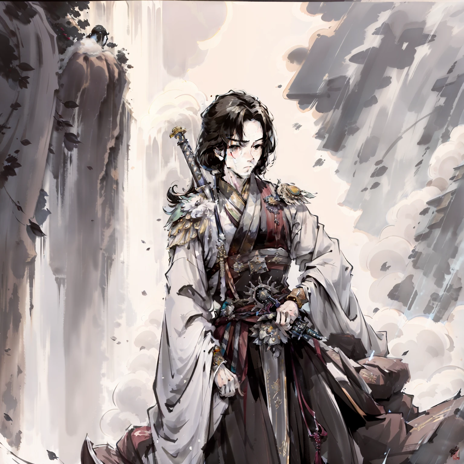High waterfall，surrounded by cloud，Homem-Imponente，tmasterpiece，A handsome ancient Chinese swordsman carrying a long sword，high qulity，high detal
