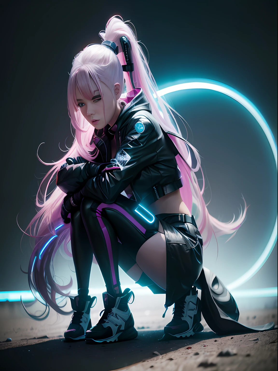 Anime girl squatting with pink hair and black leather costume, female cyberpunk anime girl, cyberpunk anime girl, Digital cyberpunk anime art, dreamy cyberpunk girl, digitl cyberpunk - anime art, anime cyberpunk art, cyberpunk anime girl in hoodie, Ross Tran 8 K, Cyberpunk art style, Ross Tran style, cyber punk style, cyberpunk anime art, cyberpunk beautiful girl, cyberpunk character