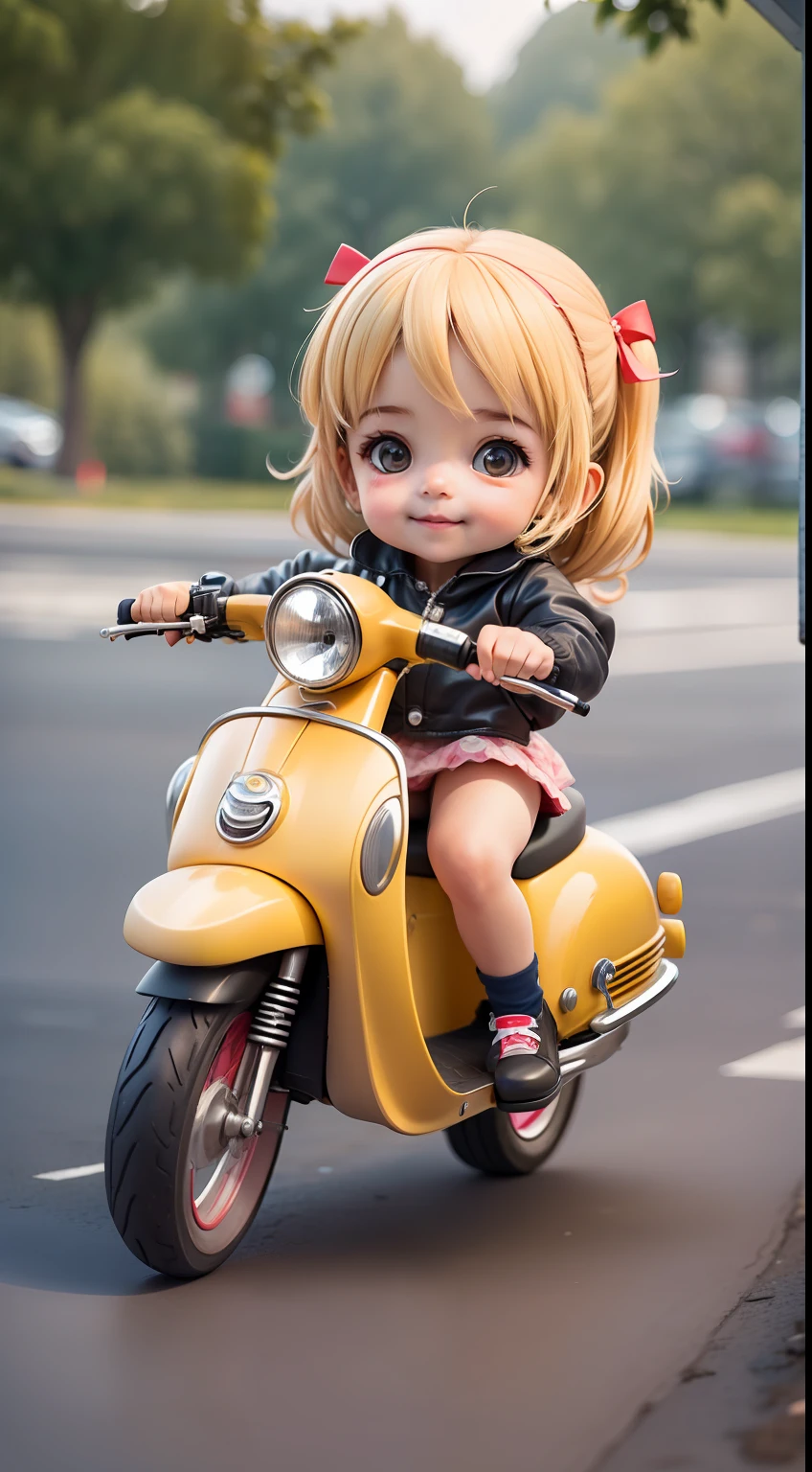Cute girl s,Happy,Pedaling on a scooter,Glide on the road