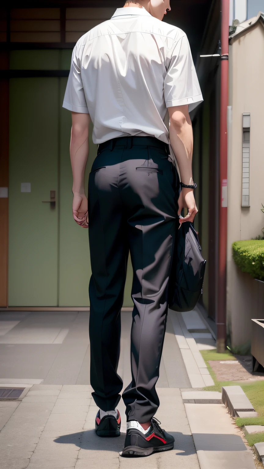 hephaestus (Japan schoolboy)、student clothes、trouser,Undercut、Spectator、Wearing a shirt ,Full body,photographrealistic、Back shot,Back