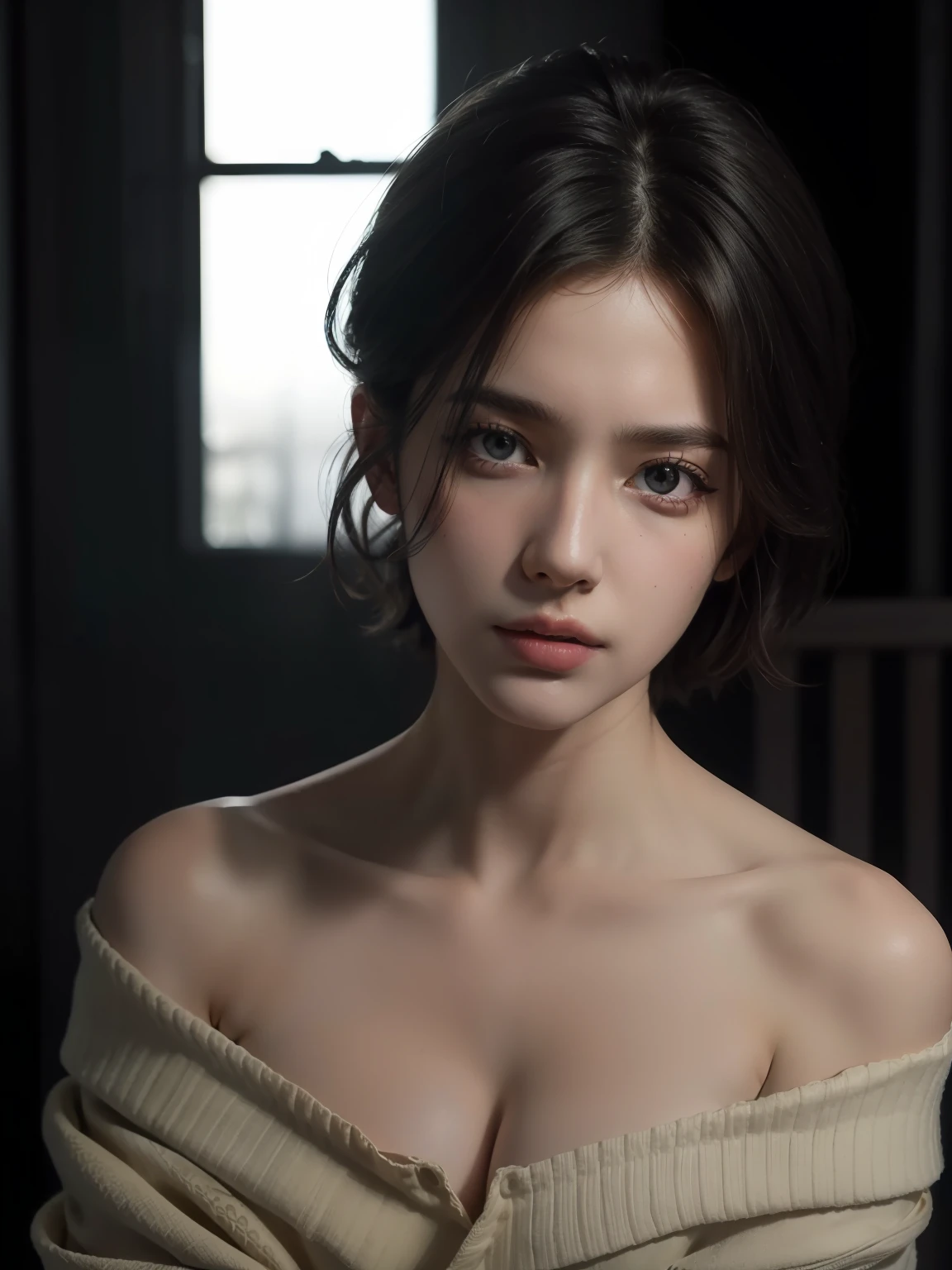 Best quality, masterpiece, ultra high res, (photorealistic:1.5), raw photo, 1girl, offshoulder, in the dark, deep shadow, low key, cold light, sexy look, short hair