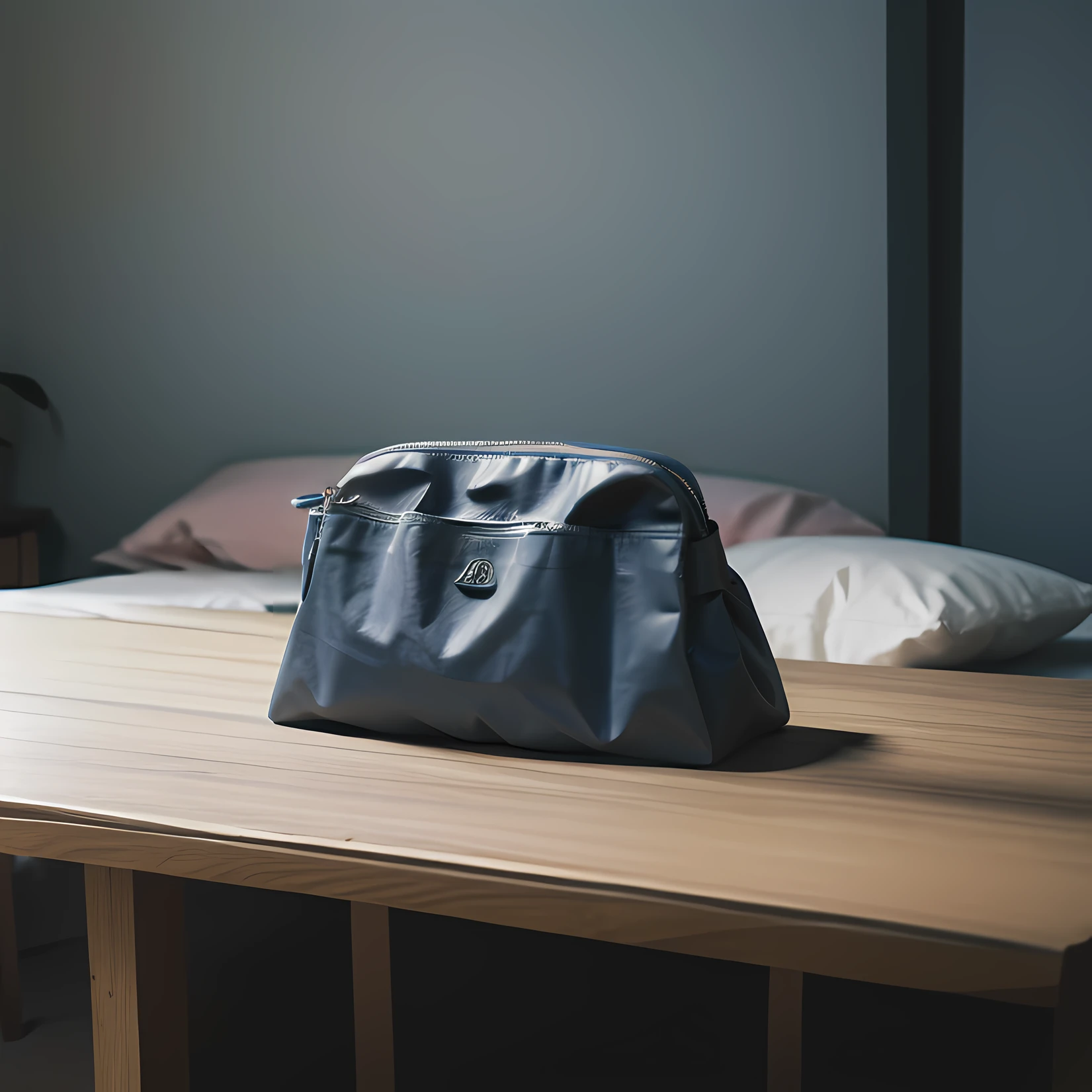 On the table was a blue folder,Gray solid background,The bag is placed on a wooden table, Product photo, f / 2 0, Leather Pouch, Natural soft light,author:Emma Andievska, close-up product photo, close angle, Sacoche, full product shot, Fluid bags,Natural soft light, author:Gaisa Dosa, taken with canon 8 0 d