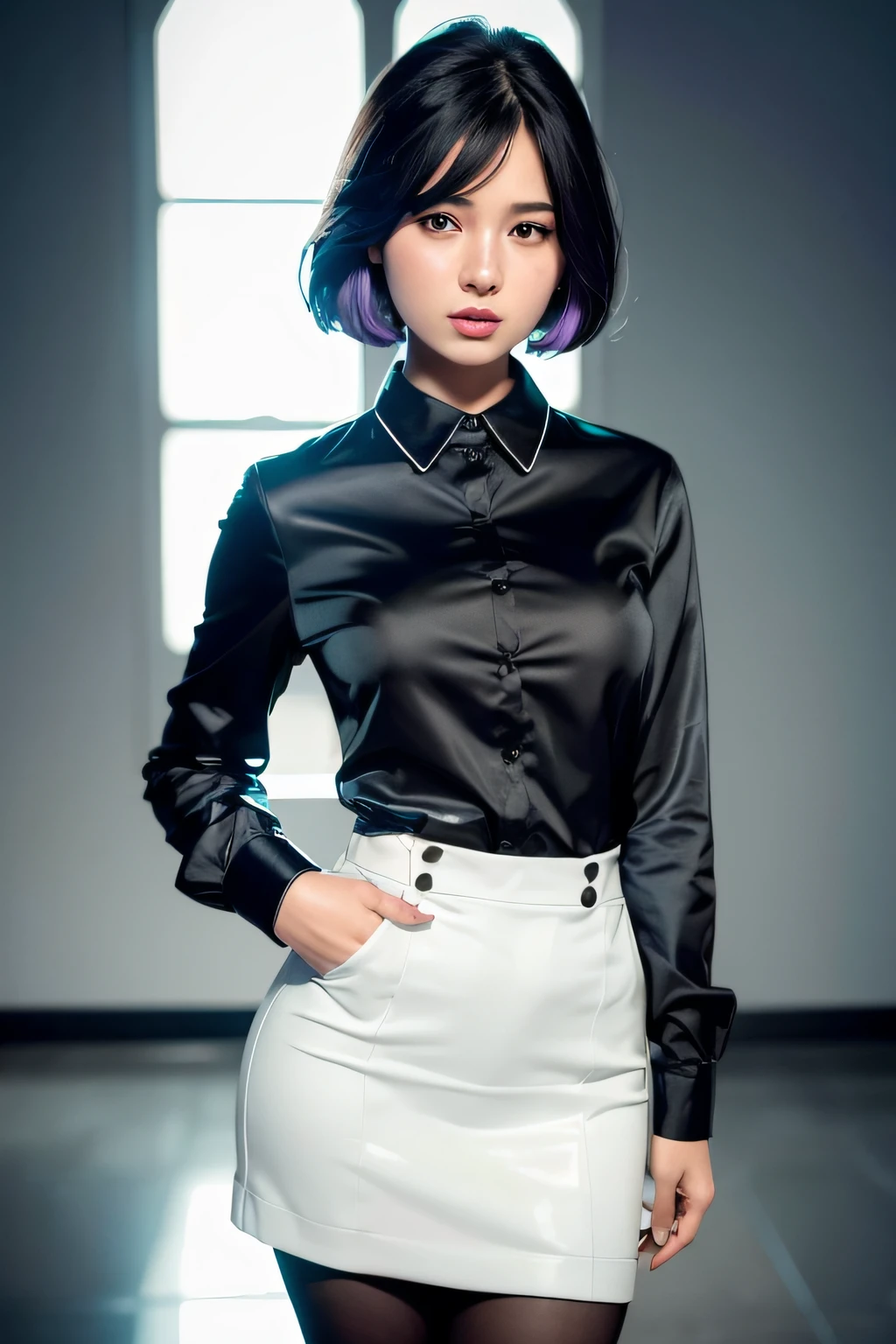 1 girl, beautiful vintage color, Instagram (photorealistic, high resolution: 1.4), staring viewer ((puffy eyes)), full body (8k, RAW photo, highest quality, masterpiece: 1.2), (realistic, photorealistic): 1.37), (sharp focus: 1.2), professional lighting, photon mapping, Radiosity, Physically Based Rendering, (White Skin: 1.2), (Small: 1.2), Viewer's Gaze, (Middle Hair: 1.5), Portrait, Purple Eyes, (Silver Hair: 1.1), Bangs, (Simple Background: 1.4), Solo, Upper Body, Realistic, (Masterpiece: 1.4), (Best Quality: 1.4), (Glossy Skin), Fashion Girl, Makeup, Smile (Skinny, Mouth Closed, Shy: 1.3) , (standing, black stewardess uniform, necromancer: 1.1), medium bust,