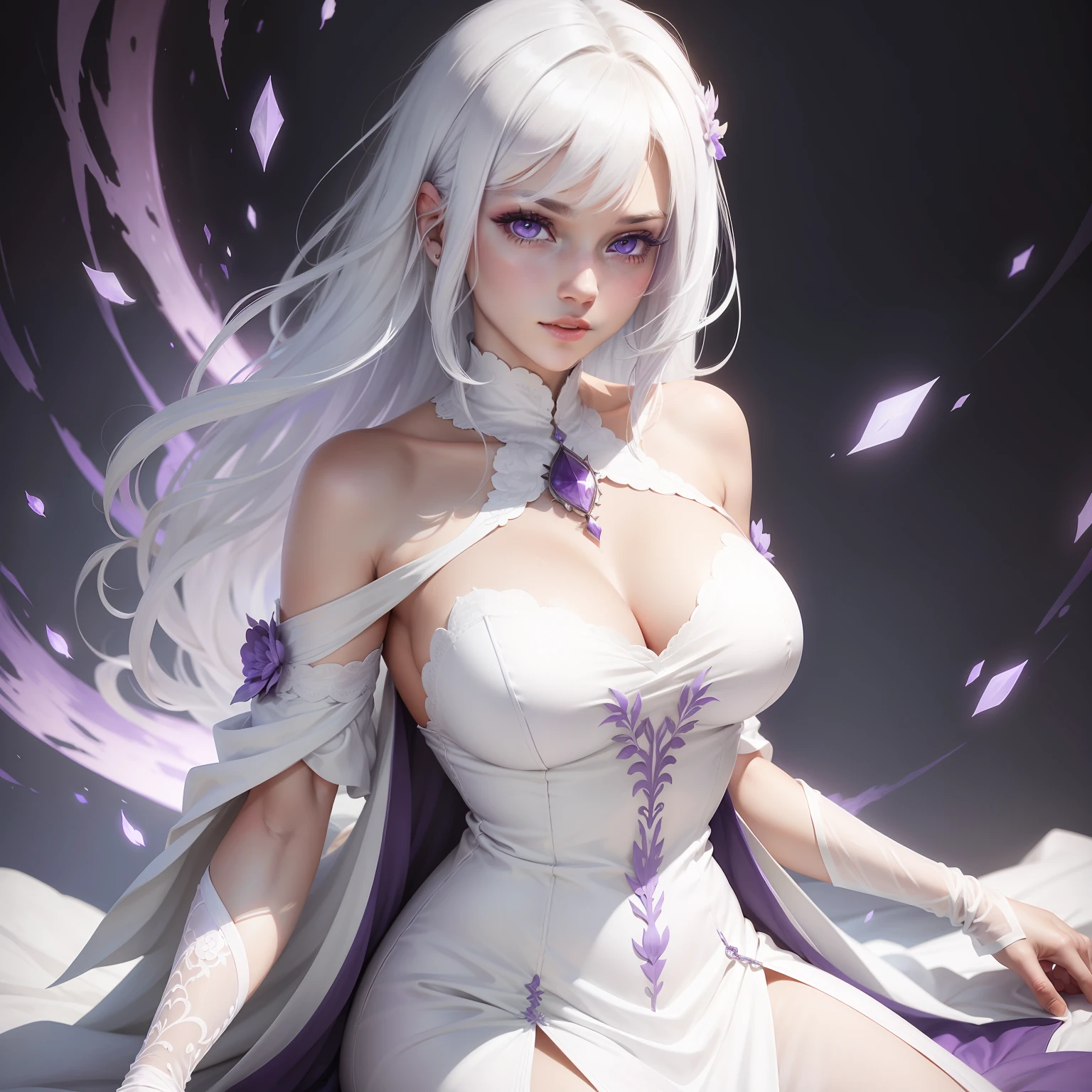 a women, white hair, purple eyes, white dress