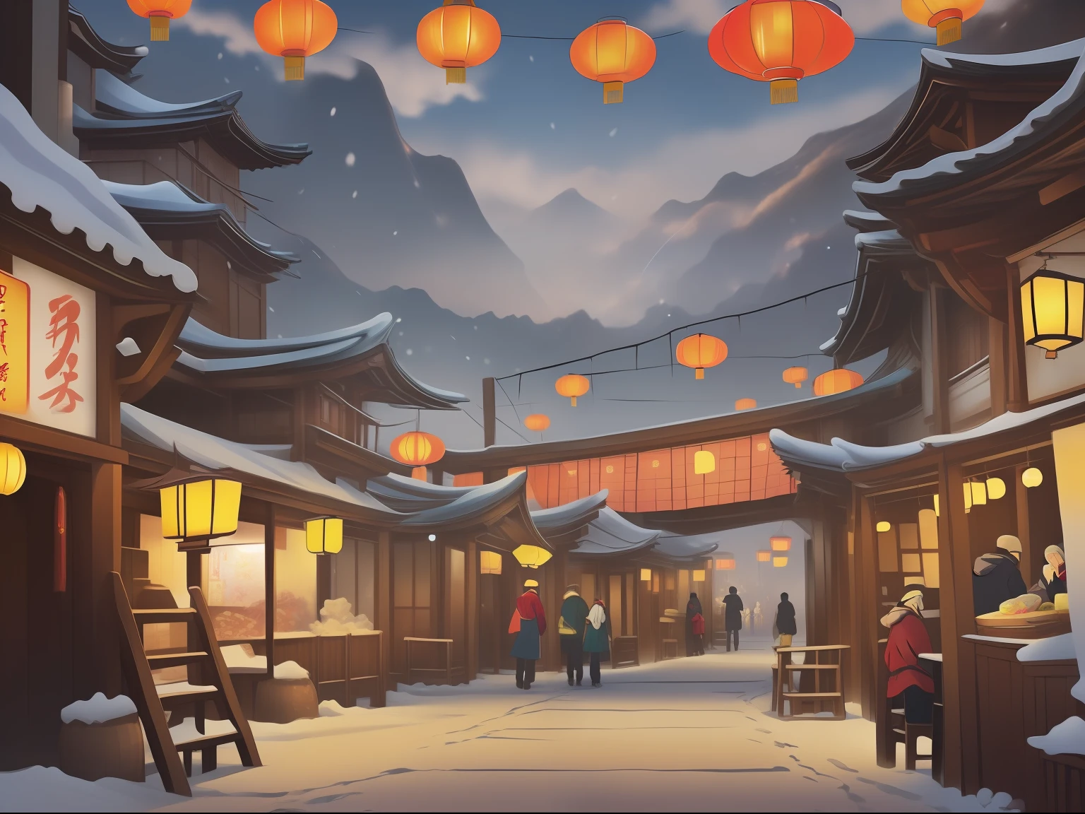 Anime scenery with lanterns and people in the snow street, dreamy Chinese towns, japanese town, Anime background art, traditional japanese concept art, Anime landscape concept art, Japanese village, Chinese village, anime backgrounds, ross tran. scenery background, concept art style, trending on artstation pixiv, street japan, trending on cgstation, by Yang J, arte de fundo