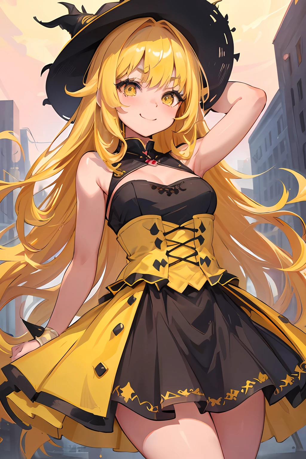 Original Character, Volumetric Lighting, Best Shadows, Shallow Depth of Field, Portrait Of Stunningly Beautiful Girl, Petite, Delicate Beautiful Attractive Face With Alluring Yellow Eyes, Messy Painted Face, Sharp Eyebrows, Light Smiling, Lovely Medium Breasts, Yellow Long Hair, curly hair, Blush Eyeshadow, Thick Eyelashes, Applejack Hat, Slim Waist, Standing, (Highest Quality, Amazing Details:1.25), (Solo:1.3), Brilliant Colorful Paintings, black skirt, noble, in the city, ((with arms akimbo)), (shimmering dress with many details)