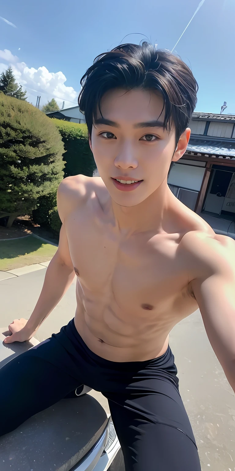 Top quality, ultra high resolution, very detailed, (photorealistic: 1.4), dynamic angle, very handsome, perfect face, model shooting, full body, flying in the sky, naughty 25 years old Japan man, shirtless, soccer socks, soccer pants, selfie, (aegyo sal: 0.2), perfect body, smile, natural light,