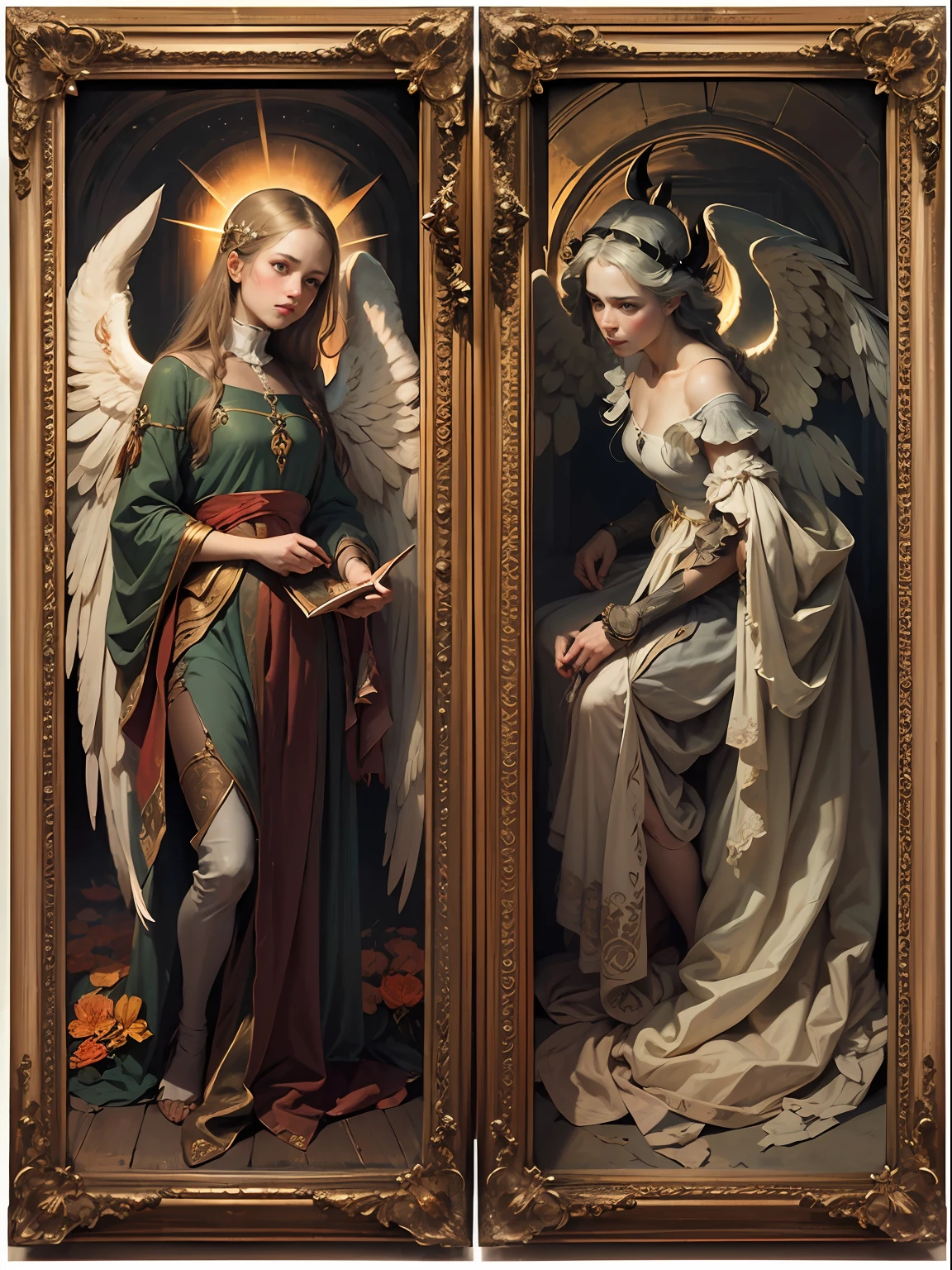 angel versus devil,Half outside the frame,Brighter, darkly,(closeup of face:1.4),frontage,Works of masters,high qulity,A high resolution,super-fine,(diptych:1.4)