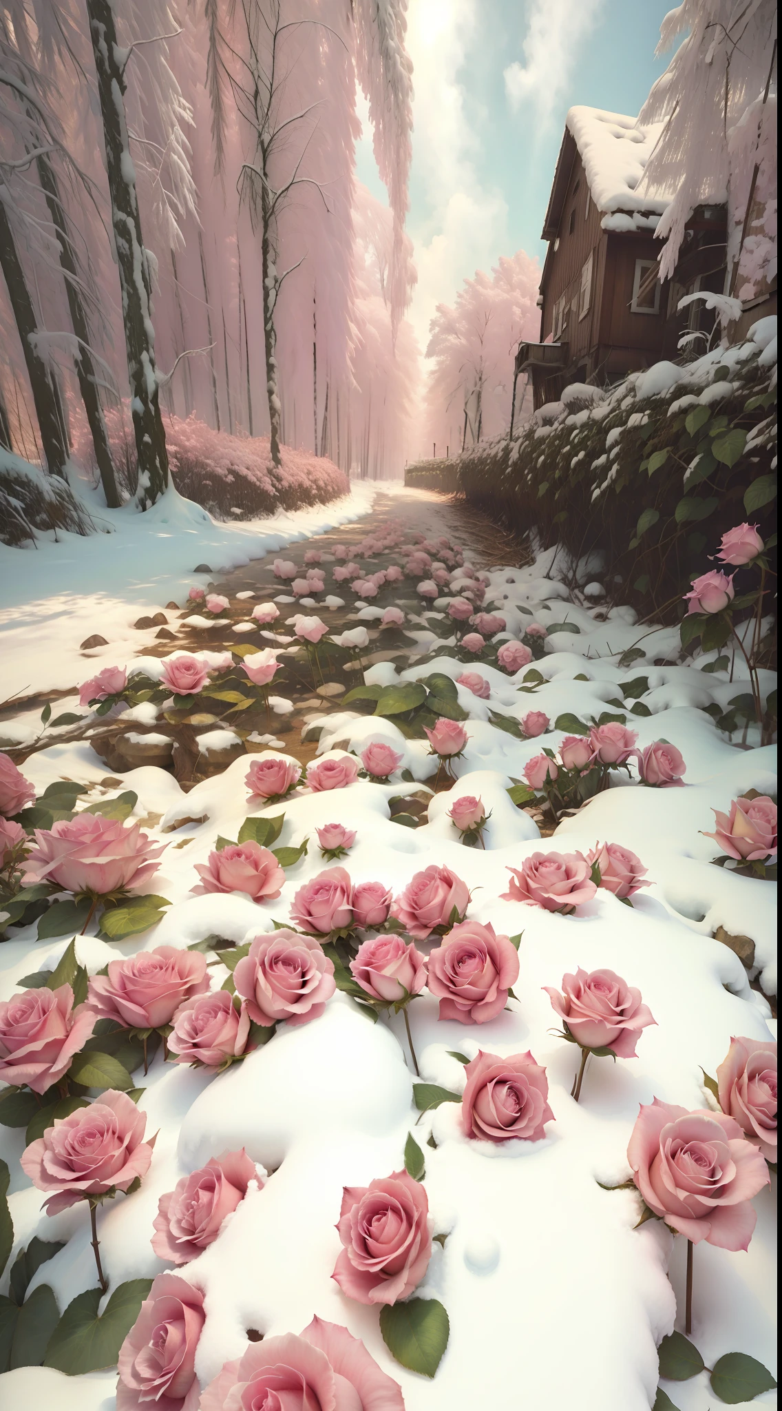 There are a lot of pink roses in the snow, with frozen flowers around her, Really beautiful nature, Beautiful nature, Beautiful photography, big breasts beautiful!, very beautiful photograph of, Romantic!!!, national geographic photo”, Flowers!!!!, Beautiful random images, Unbelievably beautiful, rosette, beautiful”, big breasts beautiful, cant believe it is real, Cold but beautiful, stunning cinematography, Pink Forest