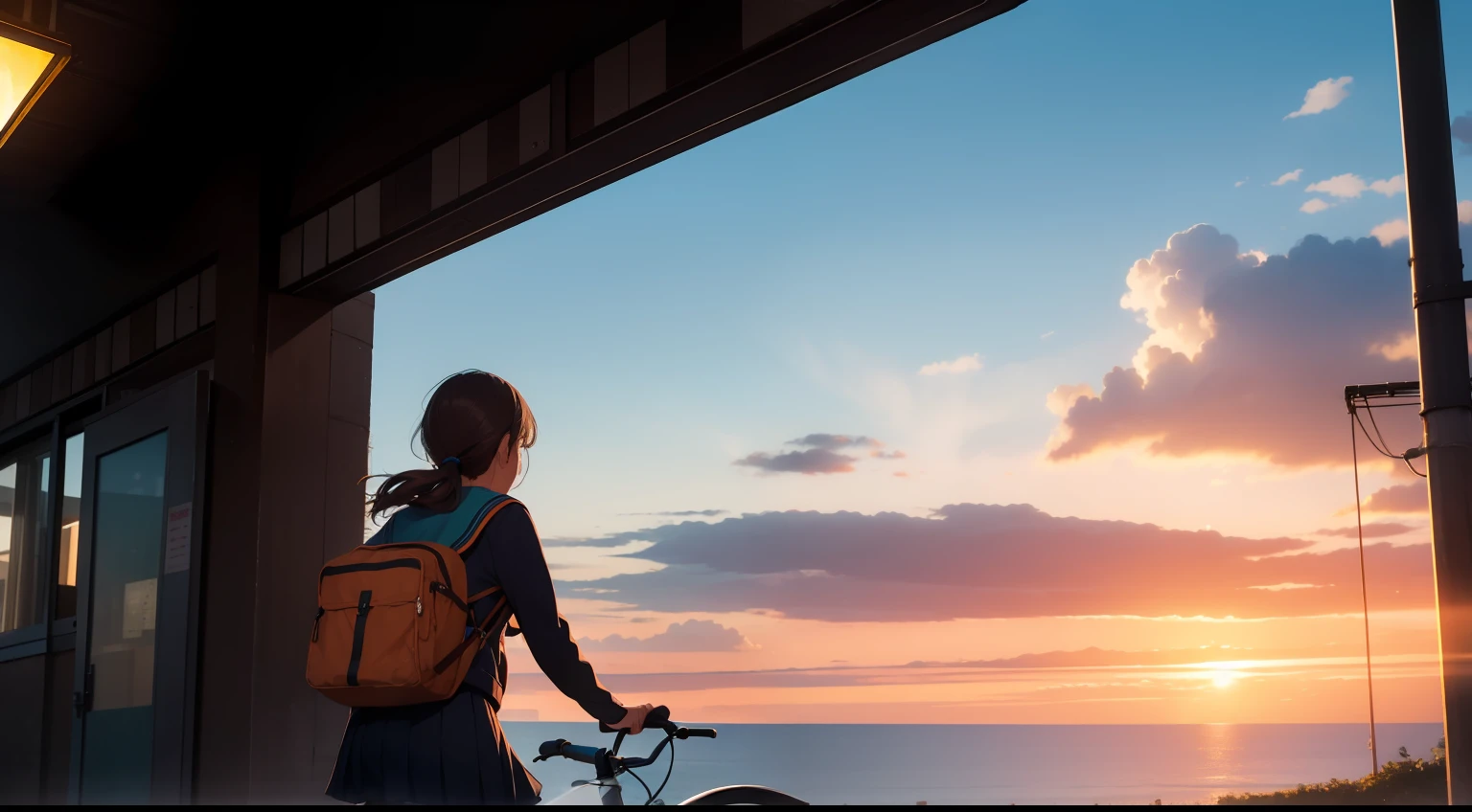 evening glow,Sea view hill,High school girl on bicycle,Students on their way home,Sentimental,top-quality,ghibuli style