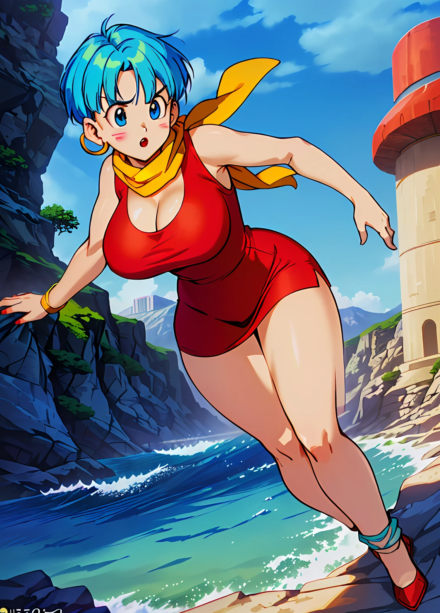 masterpiece, best quality, highest quality, (perfect lighting), (photorealistic), perfect anatomy, perfect face, perfect eyes, 
 bulmadbzreddress, aquamarine hair, short hair, blue eyes, earrings, red dress, yellow scarf, blue sky, clouds, on a cliff looking at a city, (BishoujoMom: 1.5), very tight red dress, legs that open, ((huge breasts, cleavage))), ((thick thighs, hourglass figure)), (topless), 1.5) ((thick red lips), ((blue eyes)), ((aquamarine hair)) photorealistic, photo, masterpiece, realistic, realism,  photorealism, photorealism, high contrast, photorealistic digital art trend on Artstation 8k HD HD realistic detailed, detailed, skin texture, hyper detailed, realistic skin texture, best quality, ultra high resolution (photorealistic: 1.4), high resolution, detailed, raw photo, sharp re, by Lee Jeffries nikon d850 film stock photography 4 Kodak Portra 400 camera F1.6 lens rich colors realistic texture hyper-realistic dramatic lighting unrealEngine trend in ArtStation CineStill 800,