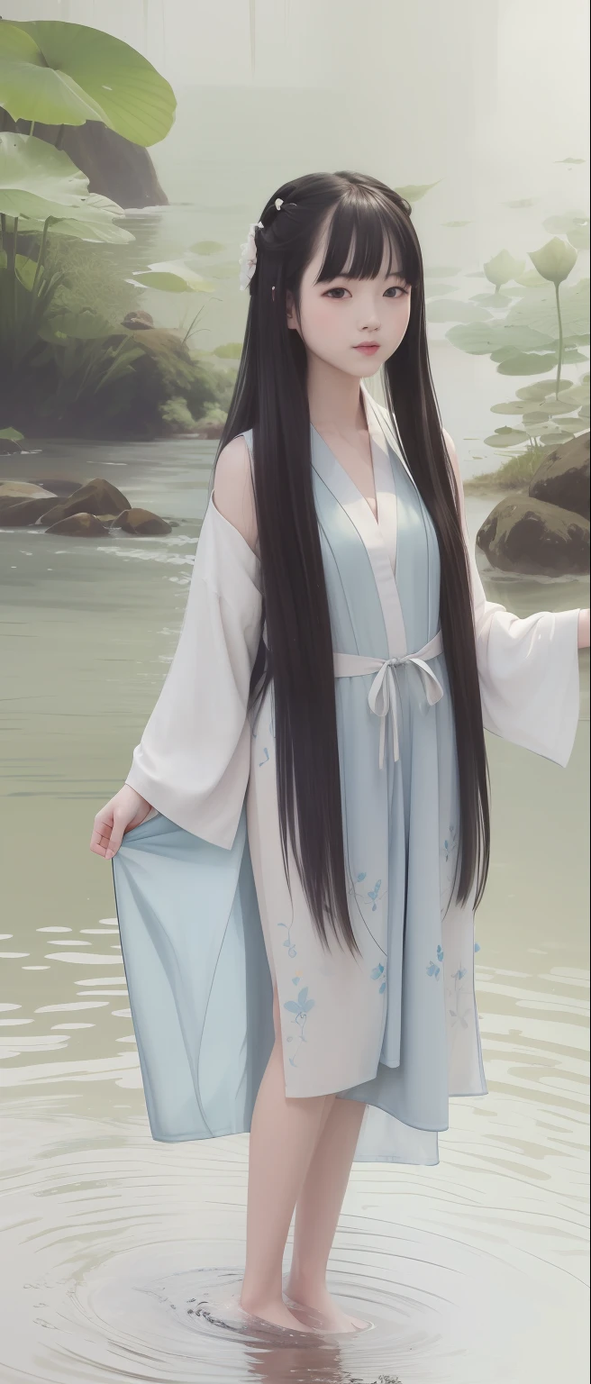 ((4k,masterpiece,best quality)), shuimobysim, traditional chinese ink painting, lotus, hanfu, maxiskit, dress conservatively 1girl, solo, long blue hair, smile, standing, feet in the water, barefoot,