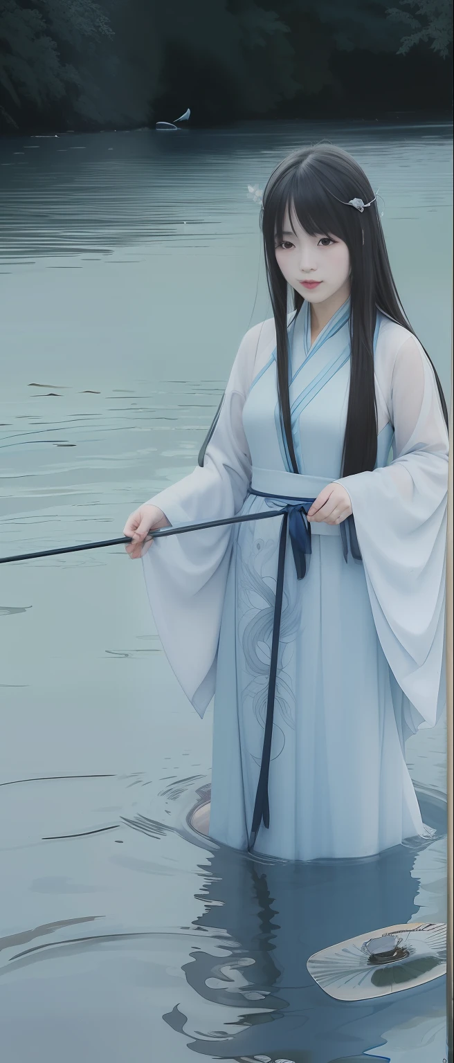 ((4k,masterpiece,best quality)), shuimobysim, traditional chinese ink painting, lotus, hanfu, maxiskit, dress conservatively 1girl, solo, long blue hair, smile, standing, feet in the water, barefoot,
