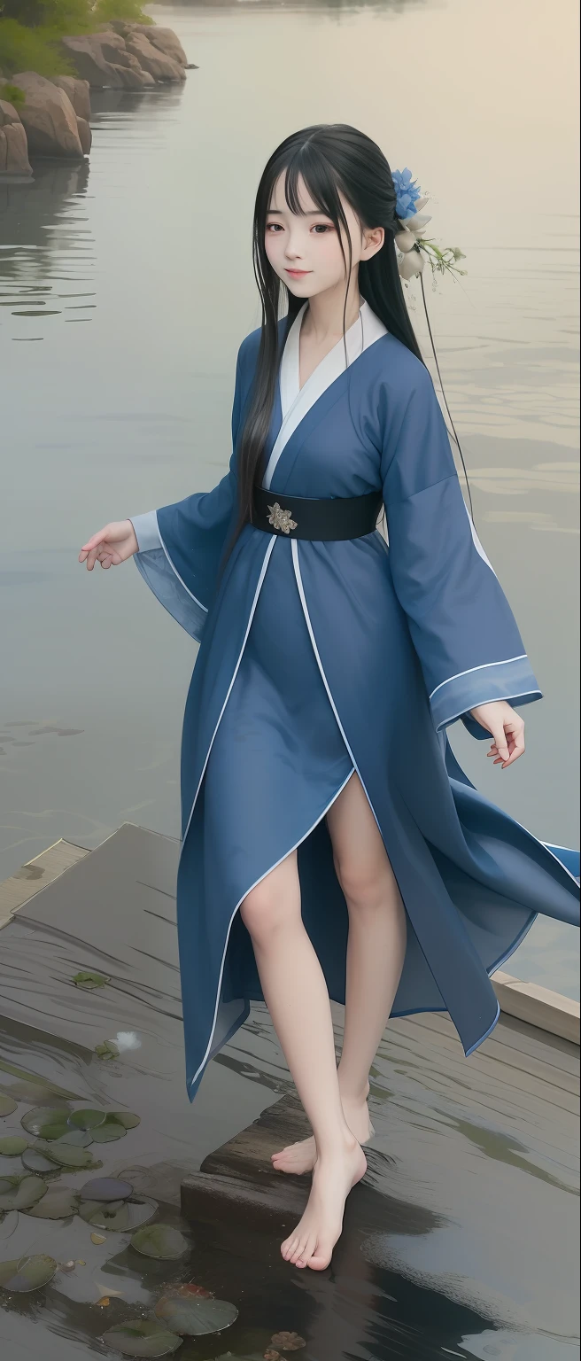 ((4k,masterpiece,best quality)), shuimobysim, traditional chinese ink painting, lotus, hanfu, maxiskit, dress conservatively 1girl, solo, long blue hair, smile, standing, feet in the water, barefoot,
