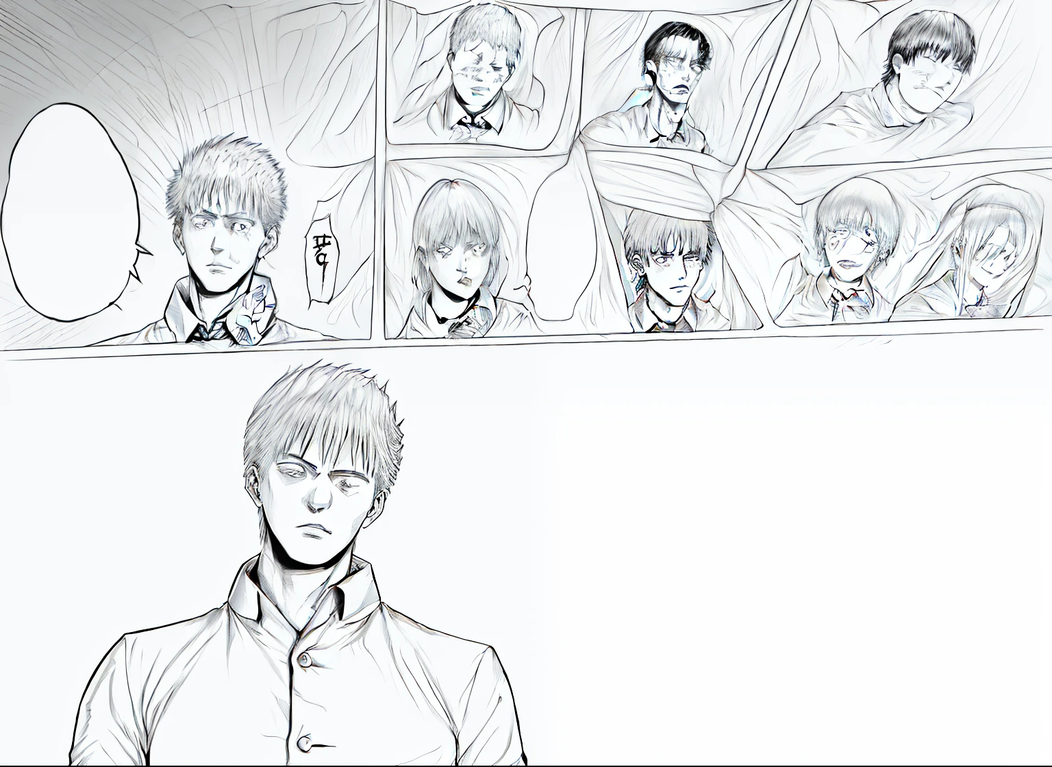 A comic strip，A man in a suit and a woman in a dress, black and white manga page, comic page, kentaro miura manga style, kentaro miura manga art style, comic page, jujutsu kaisen, manga scans, Manhwa Style, hajime no ippo manga inspired, ginko showing a new mushi