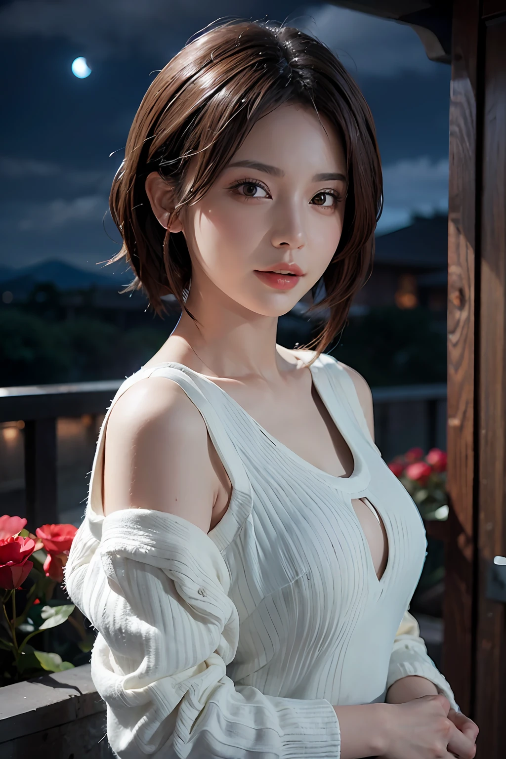 1girl in, bblurry, blurry_background, brown_eyes, brown_hair, depth_of_field, 耳Nipple Ring, florals, full_moon, hair_flower, hair_ornament, s lips, looking_at_viewer, wining、moody, night_sky, ,red_flower, red_moon, sisterhood