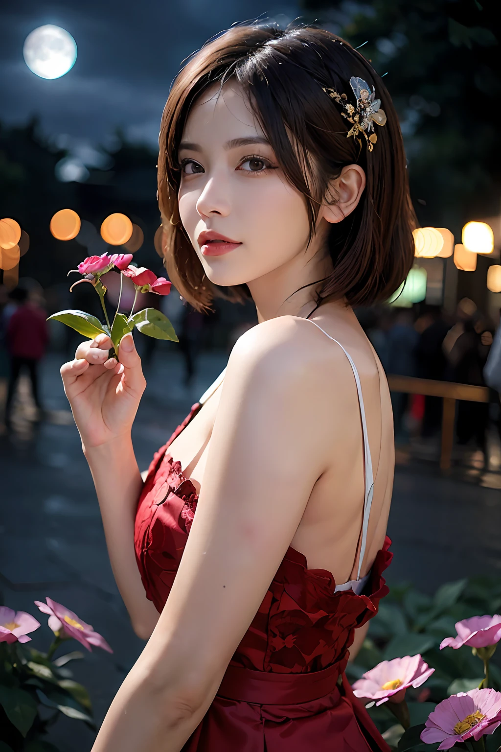 1girl in, bblurry, blurry_background, brown_eyes, brown_hair, depth_of_field, 耳Nipple Ring, florals, full_moon, hair_flower, hair_ornament, s lips, looking_at_viewer, wining、moody, night_sky, ,red_flower, red_moon, sisterhood