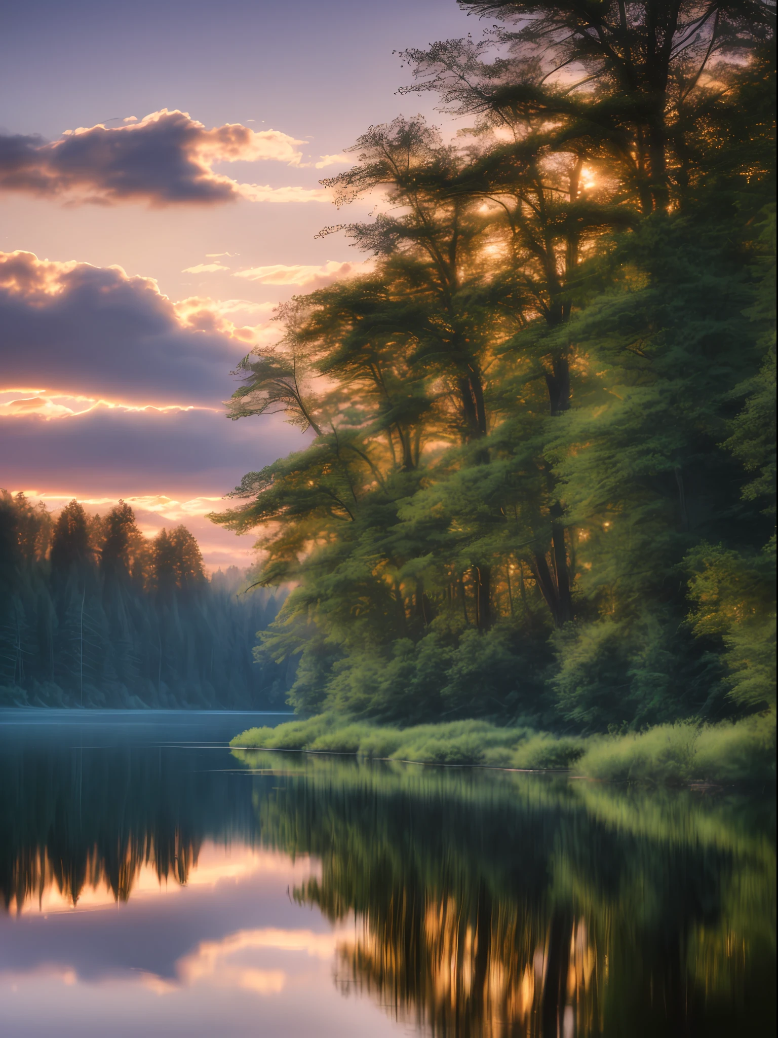 wallpaper, summer, lake, dawn, forest, detailed forest, clouds, masterpiece, cinematic, soft light, depth of field, ray tracing, reflection in water, realism, ulra detailed,