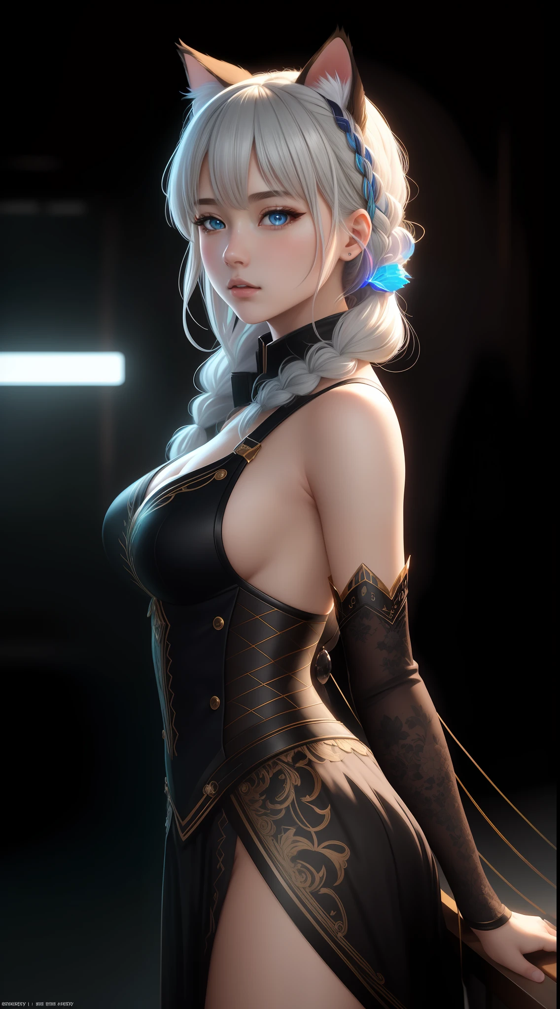 Solo, anime girl, full body, young adult body, medium chest, Hyperdetailed school background, School, Detailed medium white hair braid, hair braid, Cat ears, beautiful, Detailed eyes, blue eyes, Side view, torso shot from waist, Thick lineart, Anxious, Hyperdetailed natural light, detailed reflection light, volumetric lighting maximalist photo illustration 64k, resolution high res intricately detailed complex, key visual, precise lineart, vibrant, panoramic, cinematic, masterfully crafted, 64k resolution, beautiful, stunning, ultra detailed, expressive, hypermaximalist, colorful, rich deep color, vintage show promotional poster, glamour, anime art, fantasy art, brush strokes, , 16k, UHD, HDR, (Masterpiece:1. 5), Absurdres, (best quality:1. 5), Anime style photo, Manga style, Digital art, glow effects, Hand drawn, render, octane render, cinema 4d, blender, dark, atmospheric 4k ultra detailed, cinematic sensual, Sharp focus, hyperrealistic, big depth of field, Masterpiece, colors, 3d octane render, concept art, trending on artstation, hyperrealistic, Vivid colors, , modelshoot style, (extremely detailed CG unity 8k wallpaper), professional majestic oil painting by Ed Blinkey, Atey Ghailan, Studio Ghibli, by Jeremy Mann, Greg Manchess, Antonio Moro, trending on ArtStation, trending on CGSociety, Intricate, High Detail, Sharp focus, dramatic, photorealistic painting art by midjourney and greg rutkowski Model: Lyriel v1. 5