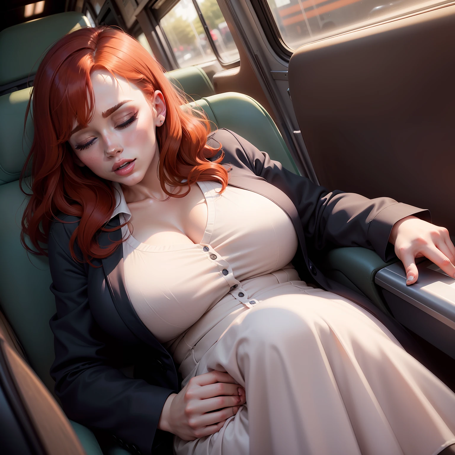 1 beautiful woman, big eyelashes, glossy lips, mouth drooling, asleep with her mouth open, snoring, asleep lying on the bus, her head resting on the seat, eyes closed, eyelids painted, made up, dressed as a secretary; Looks like actress Bryce Dallas Howard.