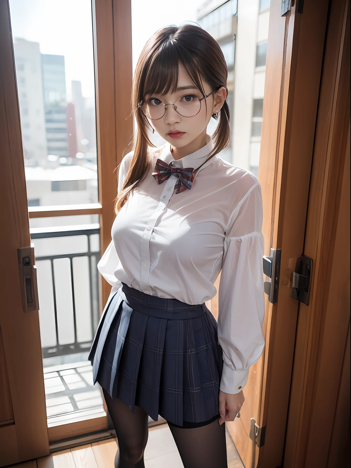 (8K、Raw photography、top-quality、masterpiece:1.2),Black pantyhose,absurderes,a small face,small tits,flat breast,Parting the bangs from the middle、Forehead visible,(Tight eyes,Bullish,skinny,Rasping,irate)、masterpiece,top-quality、超A high resolution,Raw photo,ren,Beautiful fece,One Person, 独奏,eye glass,,Dark look,Small breasts,fullllbody,Round glasses、cute little、A Japanese Lady,is standing,(Tight eyes,Bullish,skinny,Rasping,irate,small tits,flat breast)、(Photorealsitic:1.37)、Photon mapping,Light blue ribbon,Realistic、Cute little face,Brown-eyed、Black socks、(Red bow tie)、Radio City、Physically Based Rendering、Foreground、depth of fields、Blurry background、a picture,The girls、Body, Long legs, Thin leg,poneyTail,(Bangs are visible), hair, s lips, Blue_The eye, nosesoft,White shirt, Navy blue and white plaid pleated skirt, Knees are visible,Sheer clothing,, Thigh, Black cotton socks,Nogizaka Idol, 女優, Japanese ido