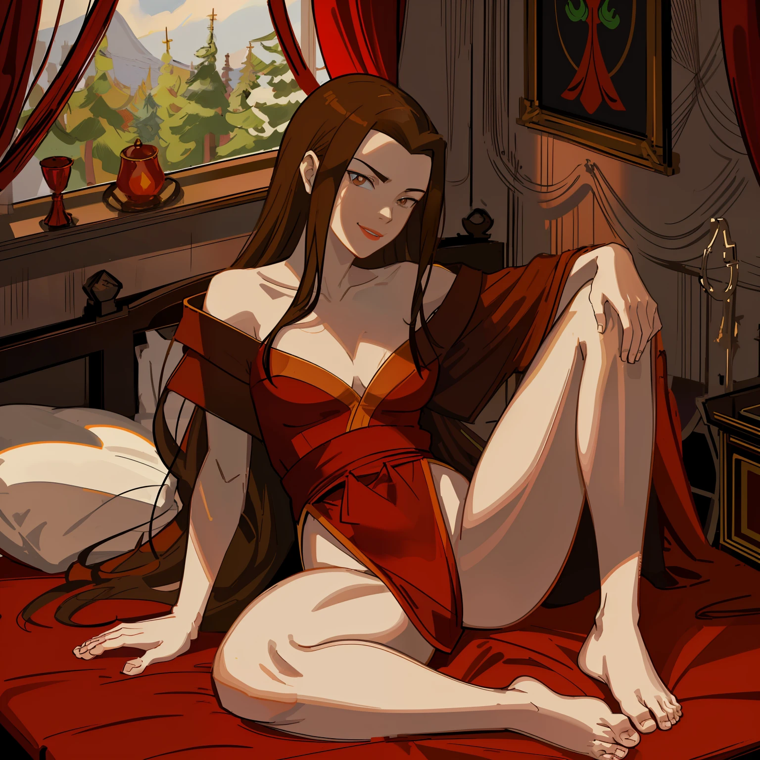 [azula], [(Avatar_the_Last_Airbender)], ((masterpiece:1.4)), ((high res:1.4)), ((High definition)), ((detailed shading)), ((beautiful solo portrait)), ((1girl)), ((full body)), ((anime girl)), (beautiful 3D art)), {attractive; (brown hair), (shoulder length hair), (beautiful maroon eyes), (smile), curvaceous hips, beautiful lips, (defined leg muscles), (beautiful legs), (barefoot}, {(dark red robe), (cleavage)}, (sitting on bed), (spread legs open), (attractive pose), [background; bedroom, (trees in window), sunny, dark lighting]