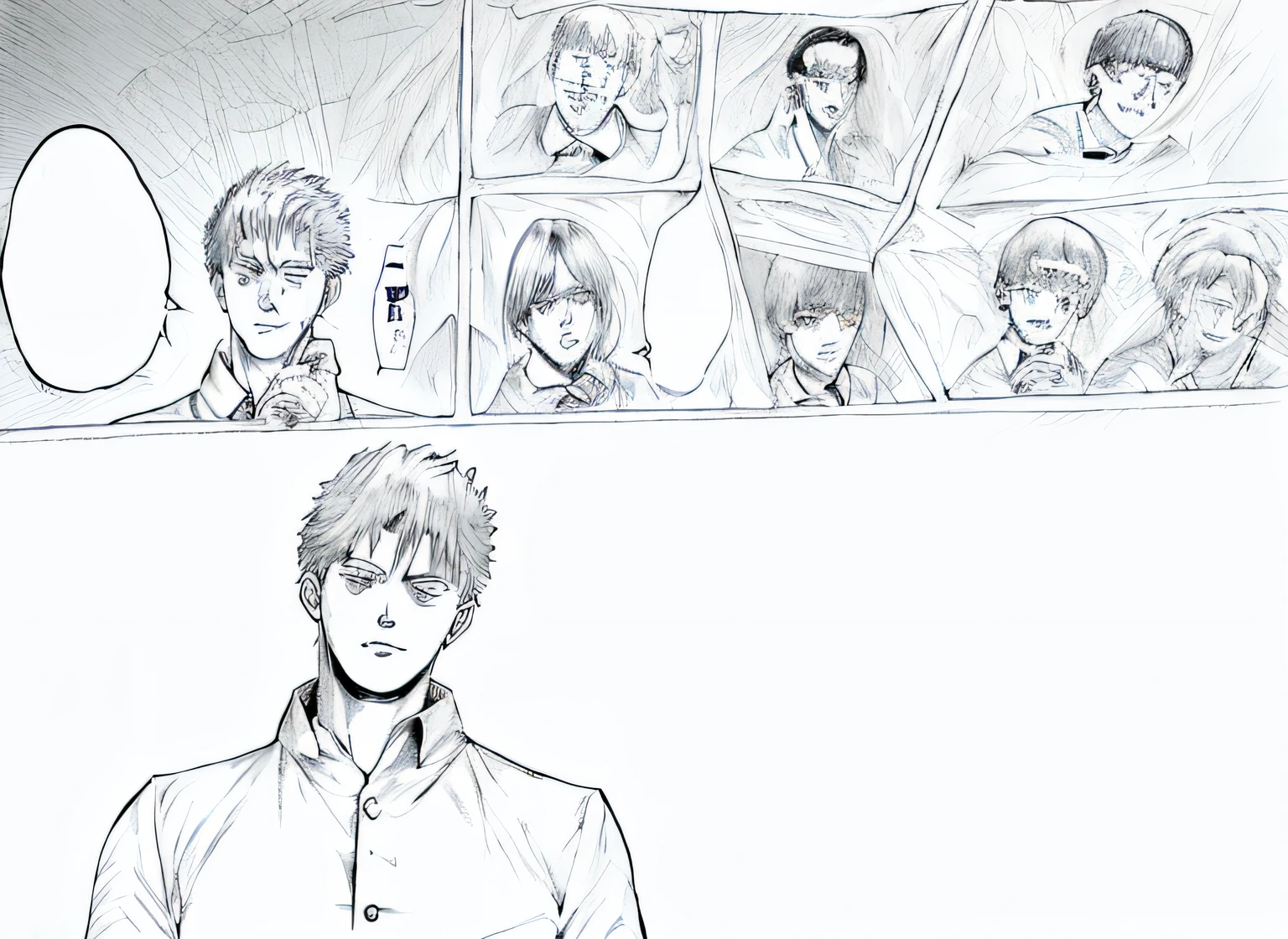 Anime characters are drawn in manga,There was a man in a suit, kentaro miura manga art style, Manhwa Style, author:Middle Bokuhn, page from initial d manga, colored sketch anime manga panel, colored manga panel, kentaro miura manga style, ginko showing a new mushi, pencil and ink manga, baki style