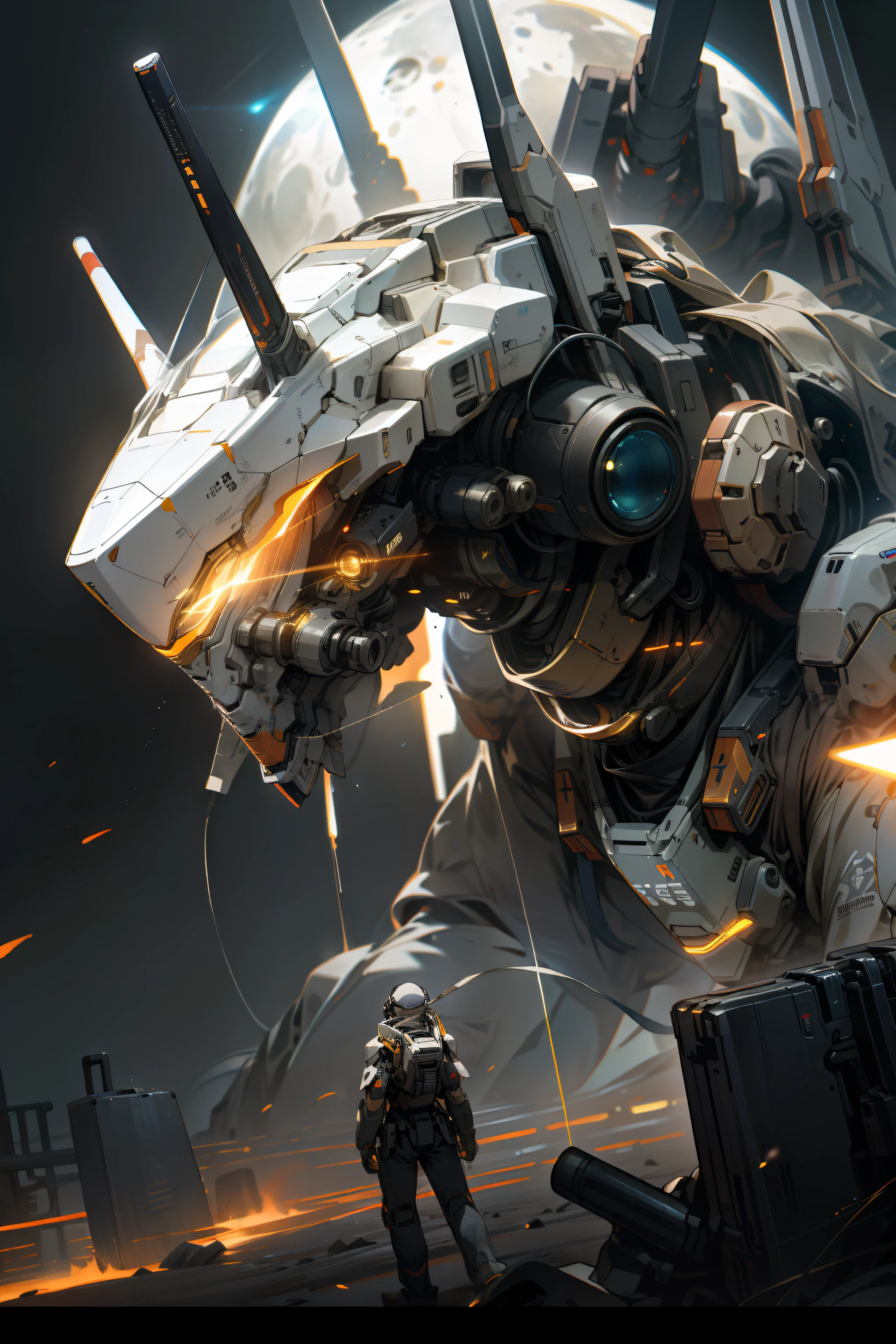 on moon，barren planets，废墟，holdingweapon，without humans，with light glowing，droid，buliding，glowing light eyes，orange Mecha，scientific fiction，城市，Realistis，mechs，Milky Way Galaxy background，neonlight，cyber punk perssonage，Octane Render,twotonelighting,largeaperture,Low ISO,White balance,the rule of thirds,8K RAW