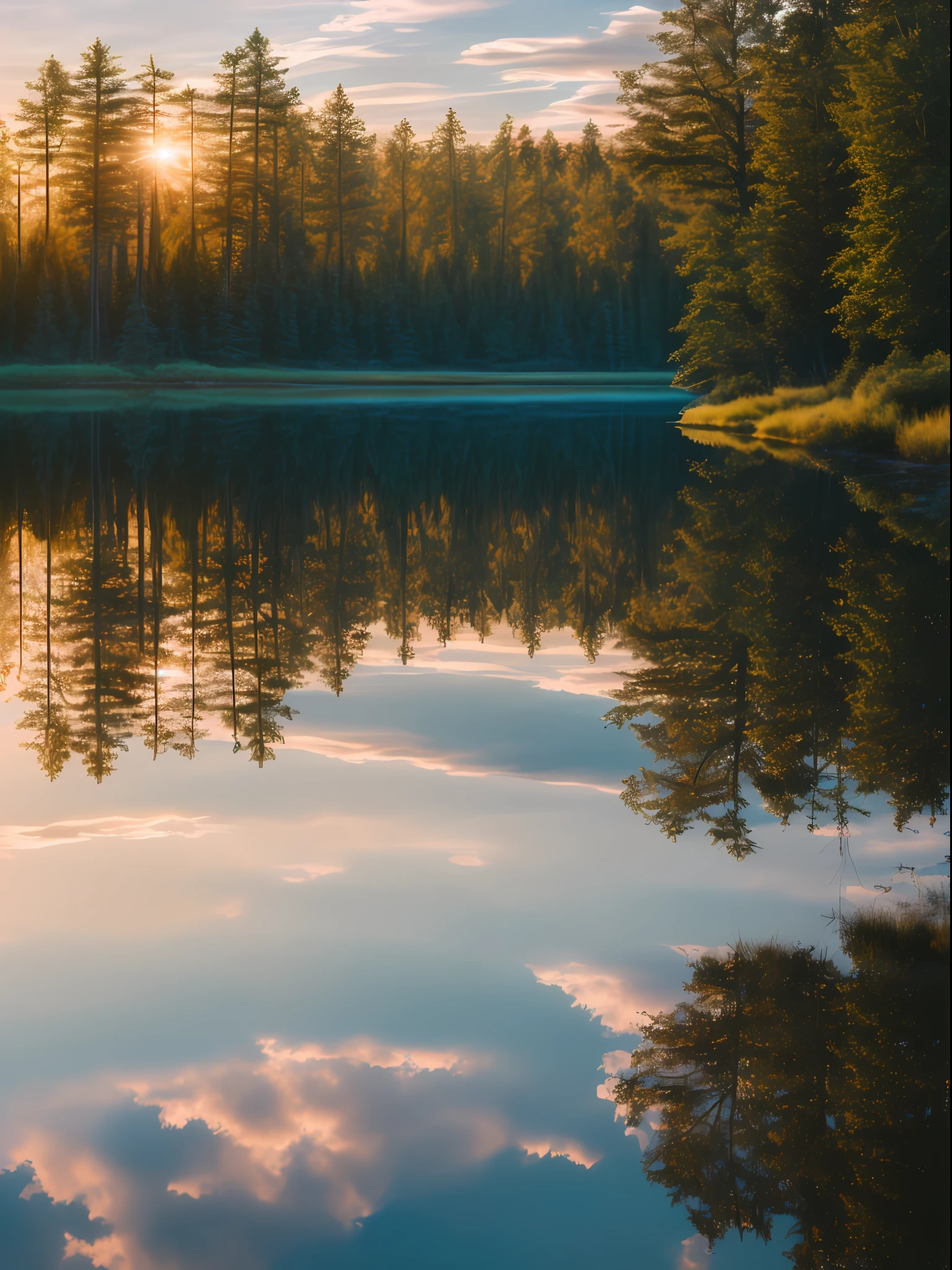 wallpaper, summer, lake, dawn, forest, detailed forest, clouds, masterpiece, cinematic, soft light, depth of field, ray tracing, reflection in water, realism, ulra detailed,