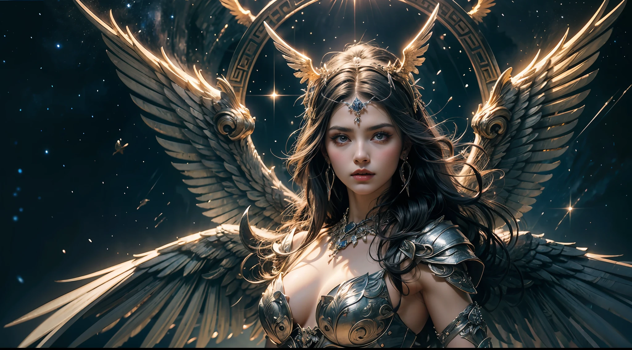 Winged Greek goddess of wrath and punishment, Nimimis, silber hair, In long Greek Toga, Cool beauty, Looks stern and ruthless, Fly with wings in the starry sky, greek myth, solemn atmosphere, Description of the Ultrra precise pointer, Photorealistic, Super detail, Masterpiece, Best quality, A high resolution, 8K，armour