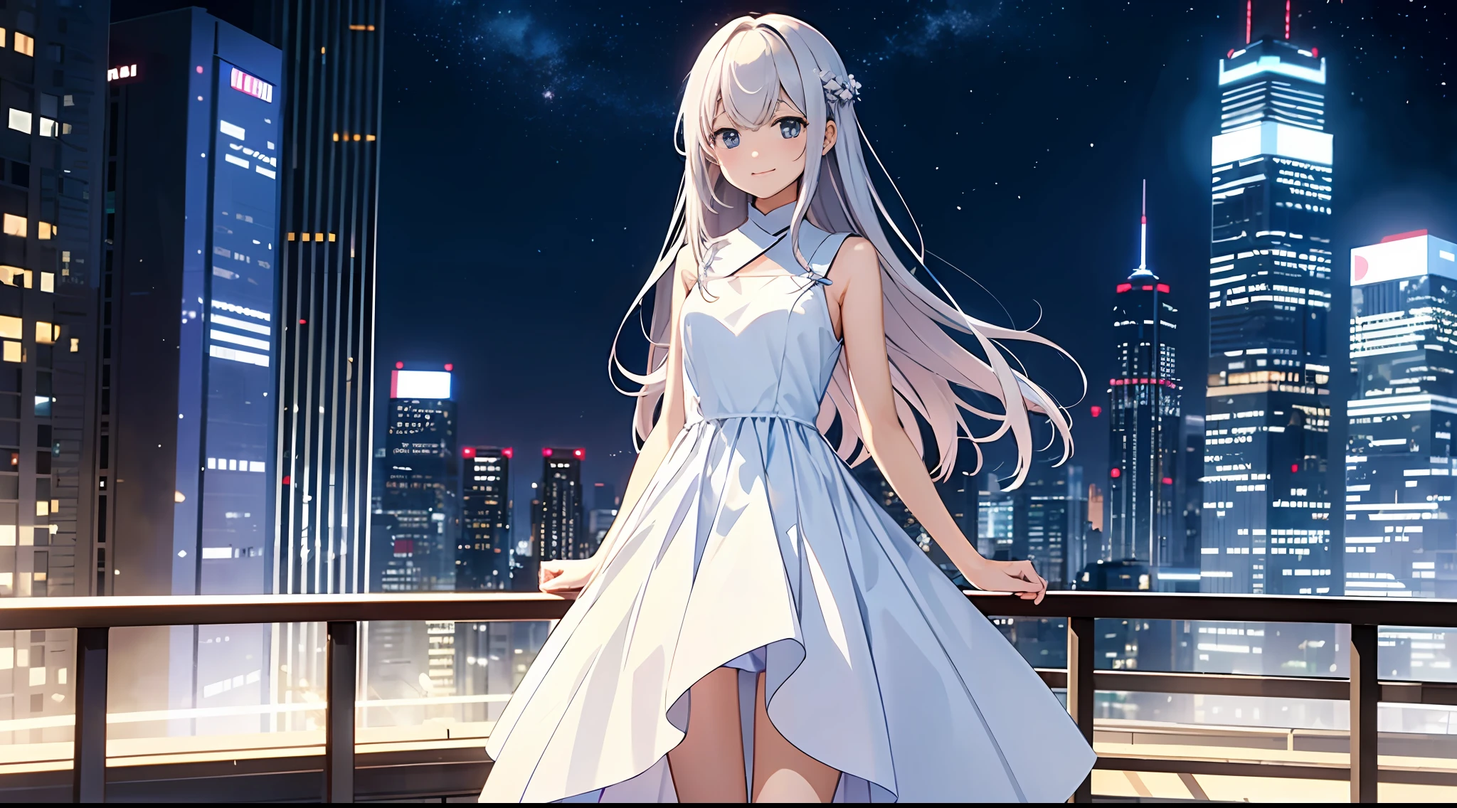 （​masterpiece、top-quality）perfect anime illustration、Girl standing between huge skyscrapers in a city、Very very cute face、Smiling、Skin as white as a plow、Slender and tall、The only outfit is one thin white dress that reaches about the calf.（No underwear）、The beautiful silhouette of the whole body can be seen faintly through the clothes、The place is a huge city where there is only one person（The time is dark at night）、Beautiful fantastic night view、A gentle breeze is blowing、So that the whole body goes into the illustration