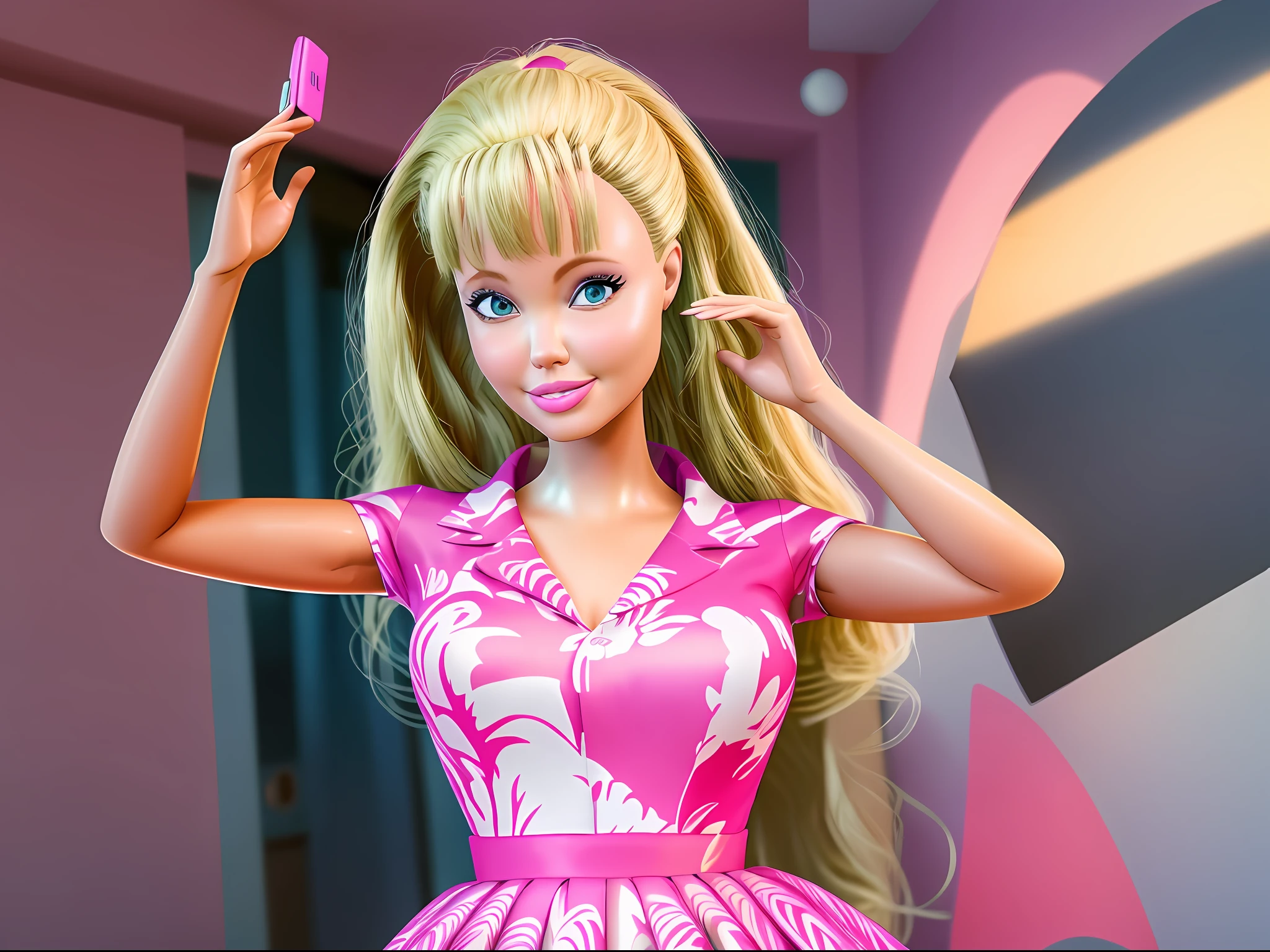 (masterpiece, best quality), highres, (8k, RAW photo, highest quality), (Angelina Jolie como Barbie), (Angelina Jolie face:1.2), Angelina Jolie, (blonde hair) , ultra-realistic, 3d, centered, (TS_Barbie), mid shot, (full body:1.2), a cartoon girl in PINK dress in the style of pixar, (perfect lighting and composition:1),soft lighting, (high detail, 8K resolution:1), hdr:0.7, detailed face, perfect, (dynamic), pose, (high quality:1.2), plastic skin, ((shiny:1.3)), smile, (depth of field:0.8), 50mm, film grain:0.7, fujifilmXT3, focus face, (sad:1.2), looking at viewer, detailed eyes, detailed face, floating particles, beautiful, light makeup, lipstick, (thick waist and thighs:0.6), amazing composition