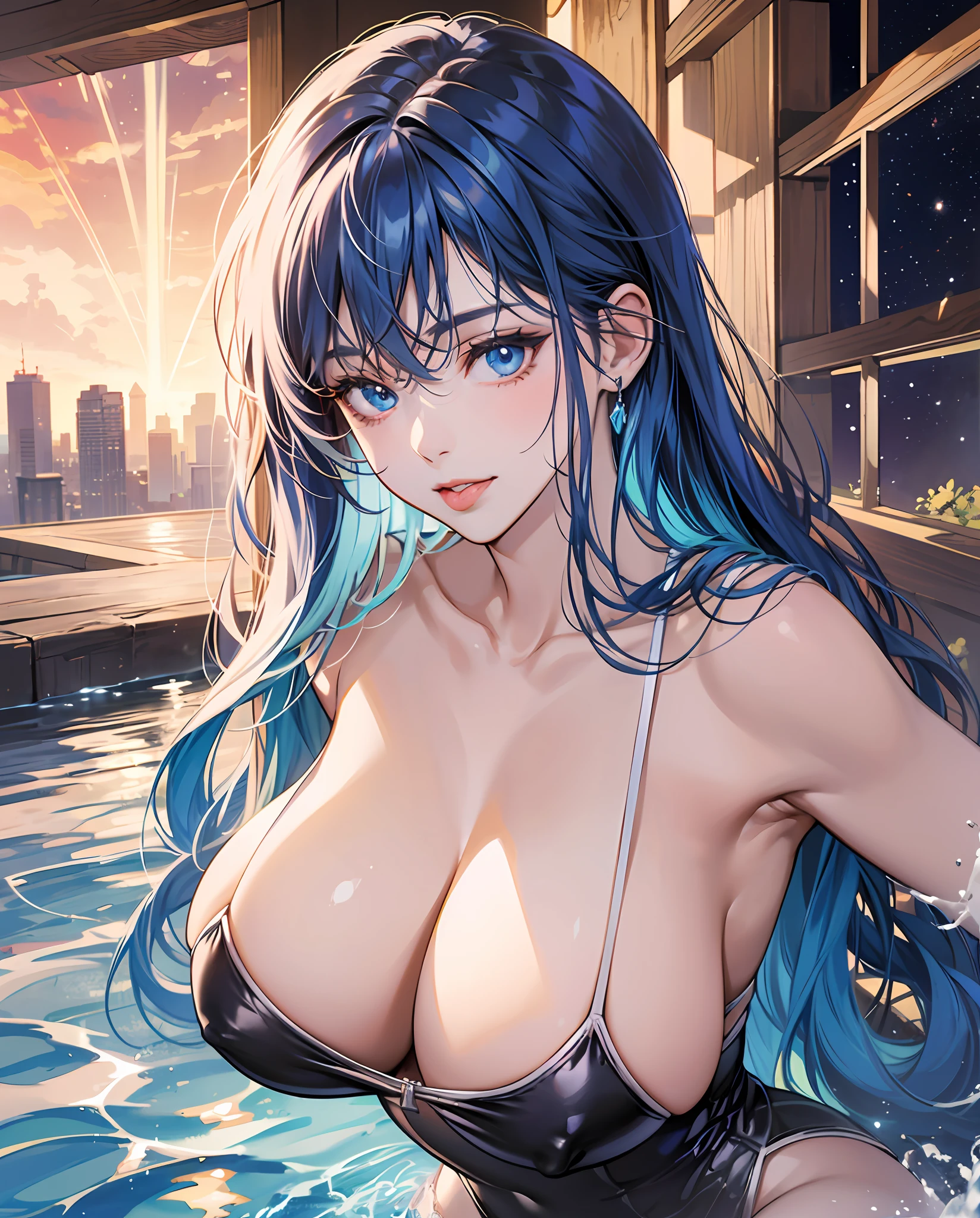 8K、top-quality、An ultra-high picture quality、ultra-detailliert、animesque、Ultra-realistic flesh feeling、portlate、full bodyesbian、Sexy beauty、Crab crotch、piece、Cross-eyed、put out the tongue、Super High Leg、The skin is sheer、arms in arms、Raising the chest、Water running through the skin、collarbone visible、Long blue hair、Blue eyes、shinny skin、Very gigantic-breasts、ample breasts、extremely big ass、shinny skin 、The background is a fantastic meteor shower --auto --s2