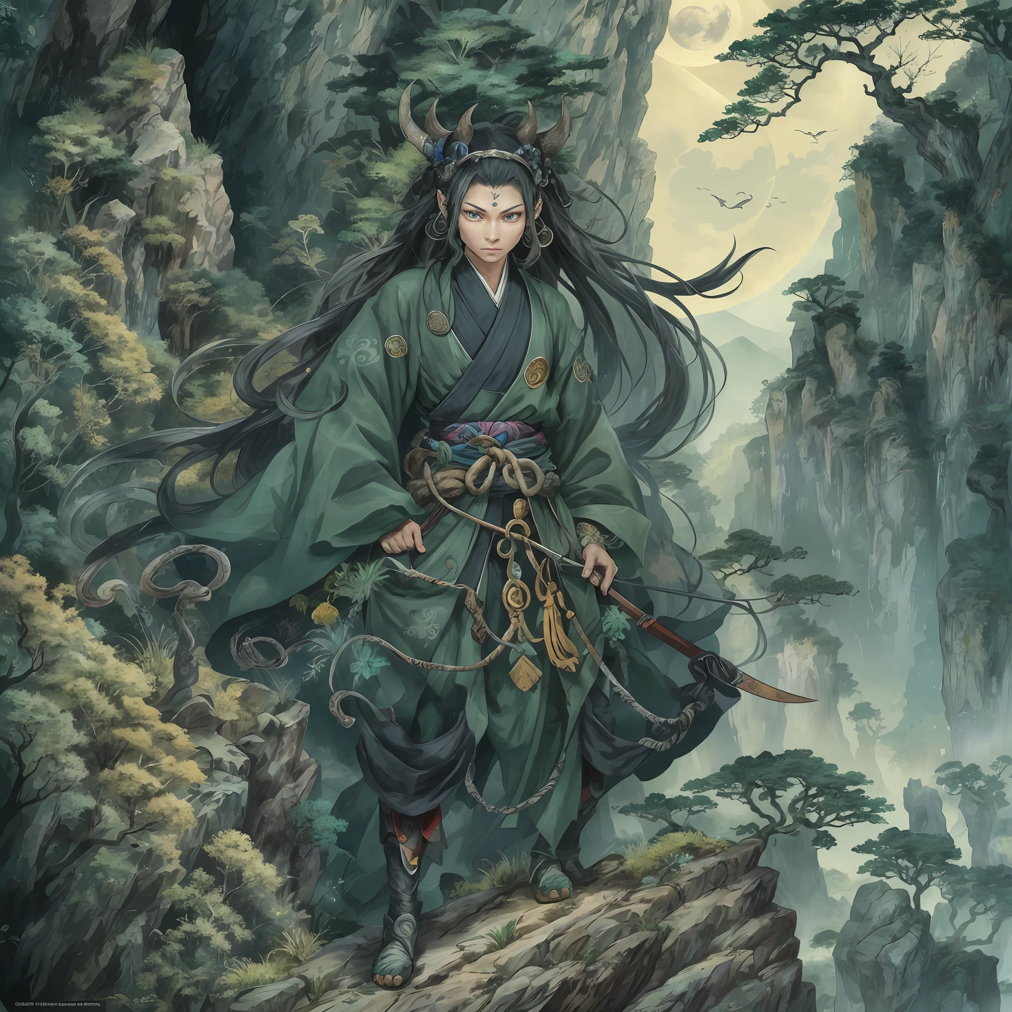 mystic ninja，Detailed face，Detailed eyes，Clear eyes，Gui Zen，Exotic beasts of mountains and seas，Dark green and black details, Loose and thick clothing covers the body，standing on cliff，Bask in the luxury of Yoshitaka Amano in the moonlight，fanciful，sci-fy，the complex background（full bodyesbian），((dynamicposes))，Colorful wallpapers，Highly detailed，Masterpiece，best qualtiy，art  stations