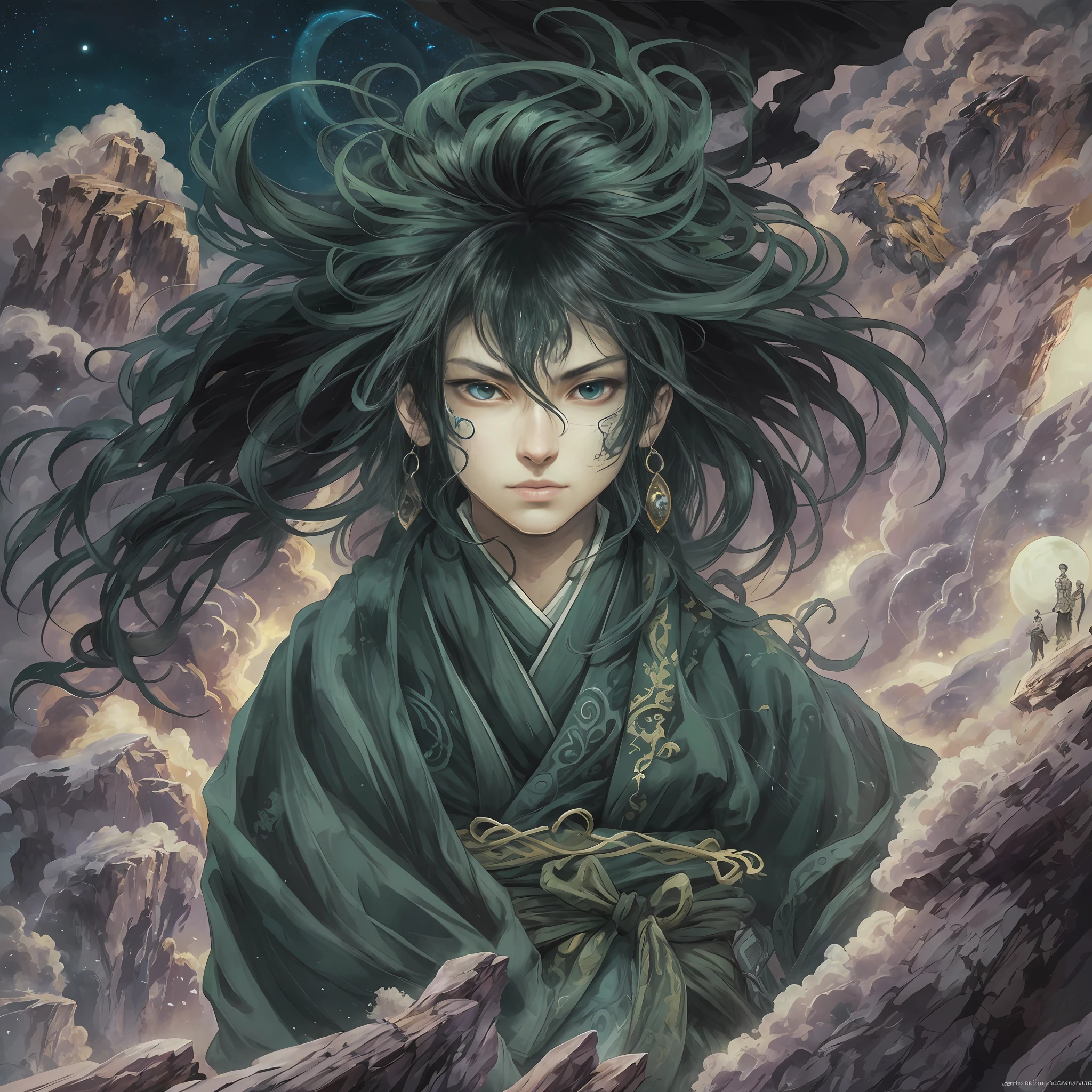 mystic ninja，Detailed face，Detailed eyes，Clear eyes，Gui Zen，Exotic beasts of mountains and seas，Dark green and black details, Loose and thick clothing covers the body，standing on cliff，Bask in the luxury of Yoshitaka Amano in the moonlight，fanciful，sci-fy，the complex background（full bodyesbian），((dynamicposes))，Colorful wallpapers，Highly detailed，Masterpiece，best qualtiy，art  stations