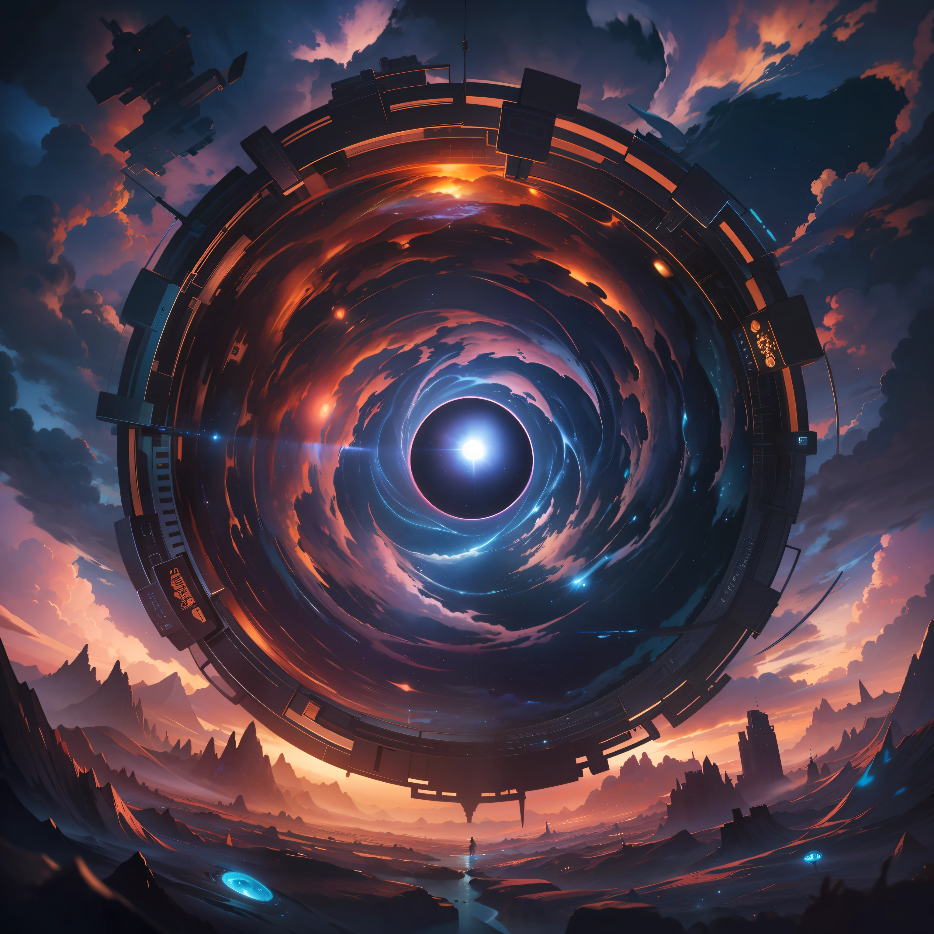 Embark on a mesmerizing journey as you witness a pair of mysterious eyes peering through a celestial portal suspended in the sky. The portal unveils a breathtaking panorama of a small planet, uncannily resembling our own Earth. The illustration demands your attention with its intricate detailing and textured surfaces, melded together in a captivating loose painting style. The cinematic lighting casts a spellbinding glow, highlighting the ethereal beauty of the scene. Powered by the cutting-edge Octane render technology, the artwork boasts an astonishing 8K resolution, enabling the minutest details to come alive. As you delve deeper, the play of volumetric lighting accentuates the cosmic essence, transporting you to the depths of outer space. The fusion of neon and anime elements seamlessly merges with the high level of detail, creating a visual extravaganza that transcends reality. Immerse yourself in this cosmic odyssey and let your imagination soar beyond the realms of possibility.