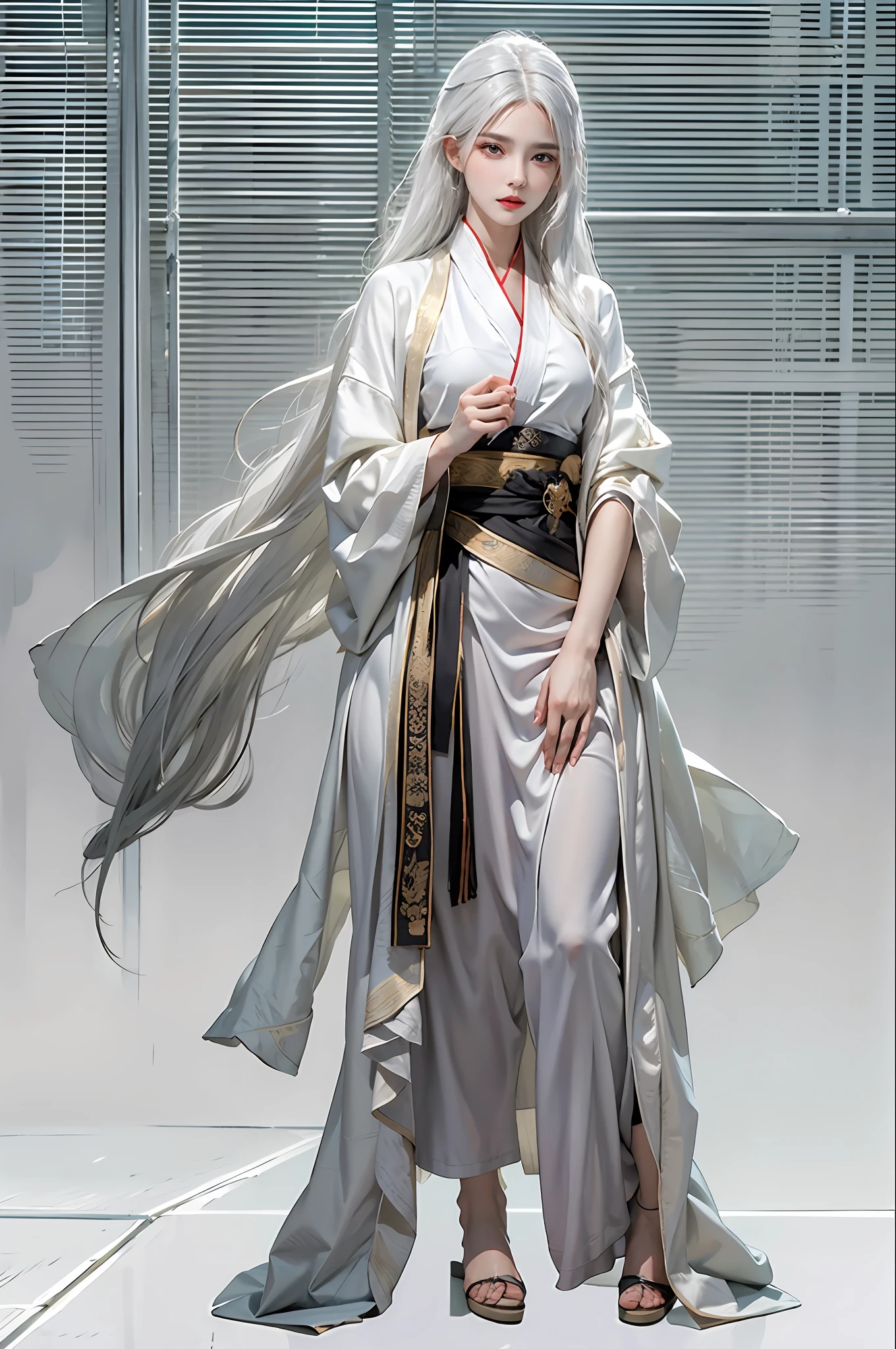 photorealistic, high resolution, 1women, solo, hips up, look at viewer, (detailed face), white hair, long hair, Taoist robe,oversized clothes