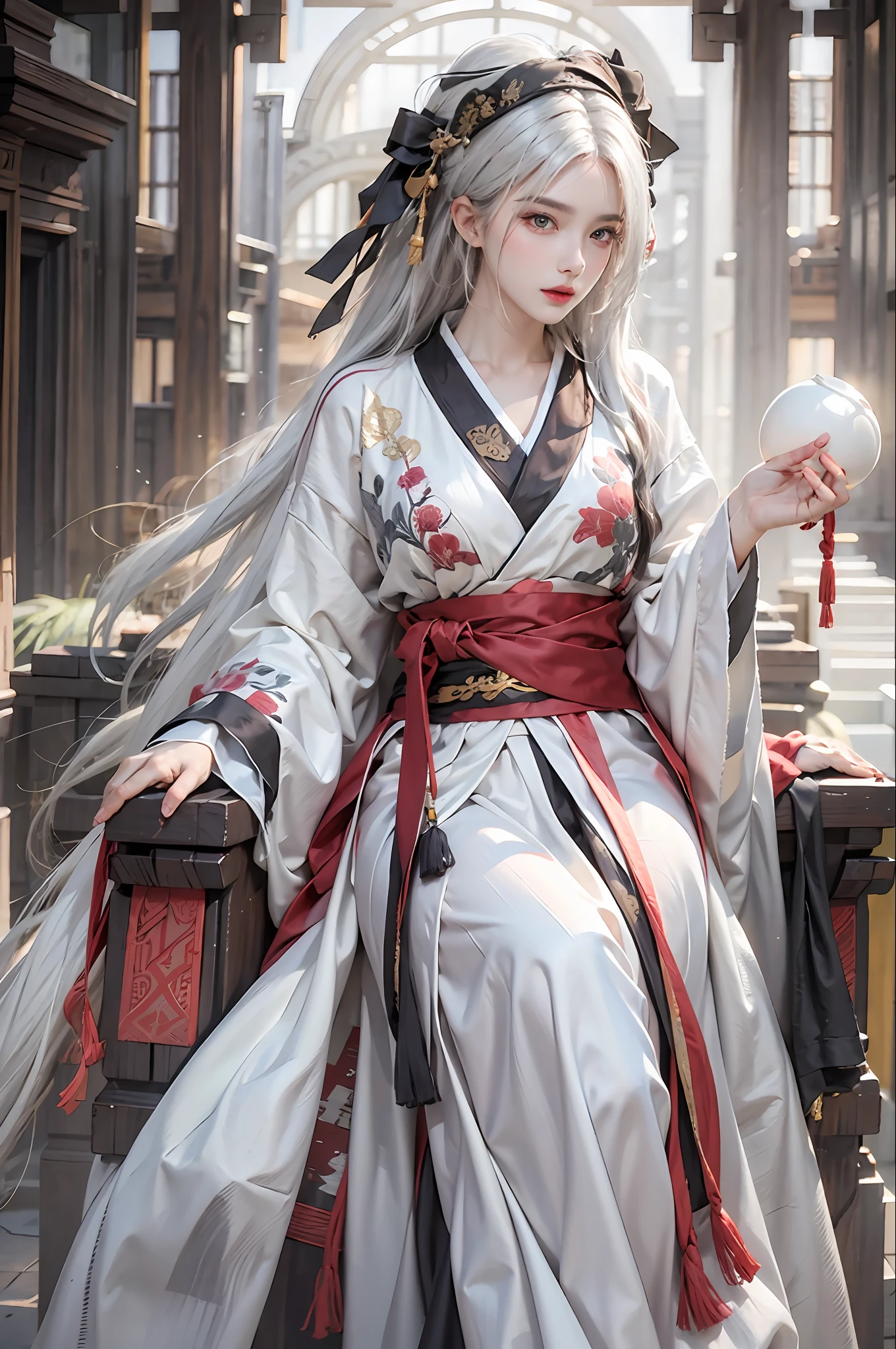 photorealistic, high resolution, 1women, solo, hips up, look at viewer, (detailed face), white hair, long hair, Taoist robe,oversized clothes