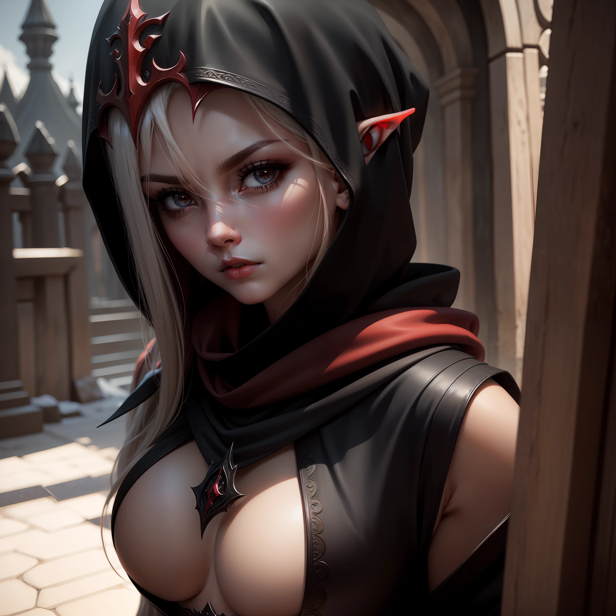 Elvish rouge black hood, looking towards camera, intimidating look in her eyes