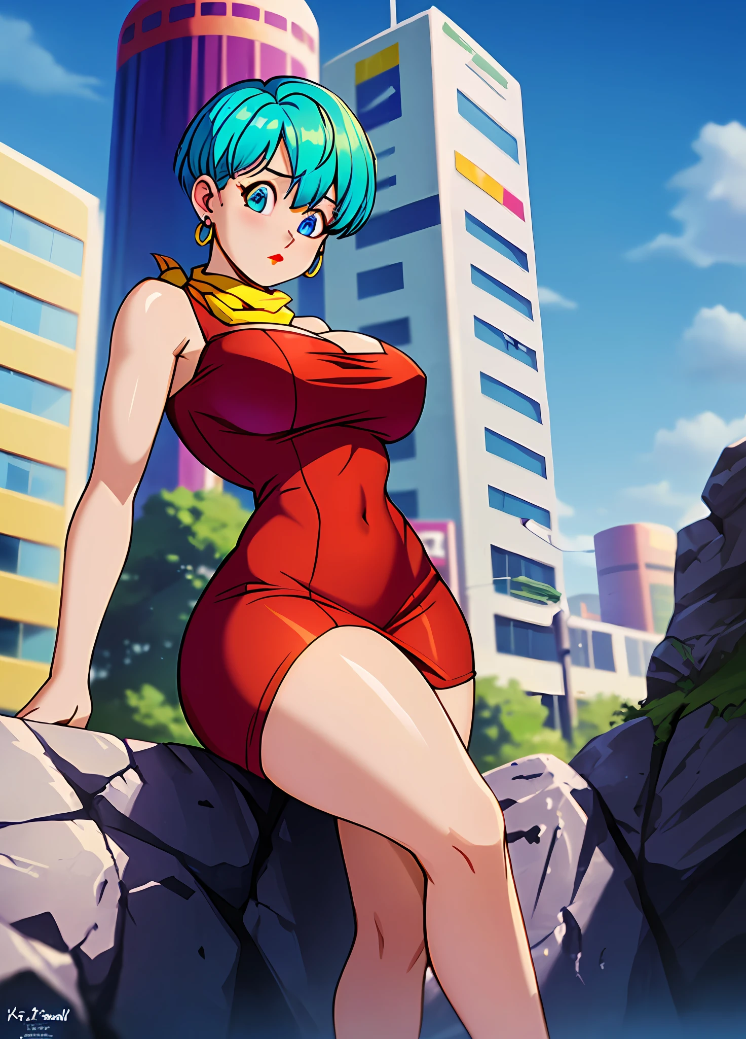 masterpiece, best quality, highest quality, (perfect lighting), (photorealistic), perfect anatomy, perfect face, perfect eyes, 
 bulmadbzreddress, aquamarine hair, short hair, blue eyes, earrings, red dress, yellow scarf, blue sky, clouds, on a cliff looking at a city, (BishoujoMom: 1.5), very tight red dress, legs that open, ((huge breasts, cleavage))), ((thick thighs, hourglass figure)), (topless), 1.5) ((thick red lips), ((blue eyes)), ((aquamarine hair)) photorealistic, photo, masterpiece, realistic, realism,  photorealism, photorealism, high contrast, photorealistic digital art trend on Artstation 8k HD HD realistic detailed, detailed, skin texture, hyper detailed, realistic skin texture, best quality, ultra high resolution (photorealistic: 1.4), high resolution, detailed, raw photo, sharp re, by Lee Jeffries nikon d850 film stock photography 4 Kodak Portra 400 camera F1.6 lens rich colors realistic texture hyper-realistic dramatic lighting unrealEngine trend in ArtStation CineStill 800, curvy, wide hips, big ass