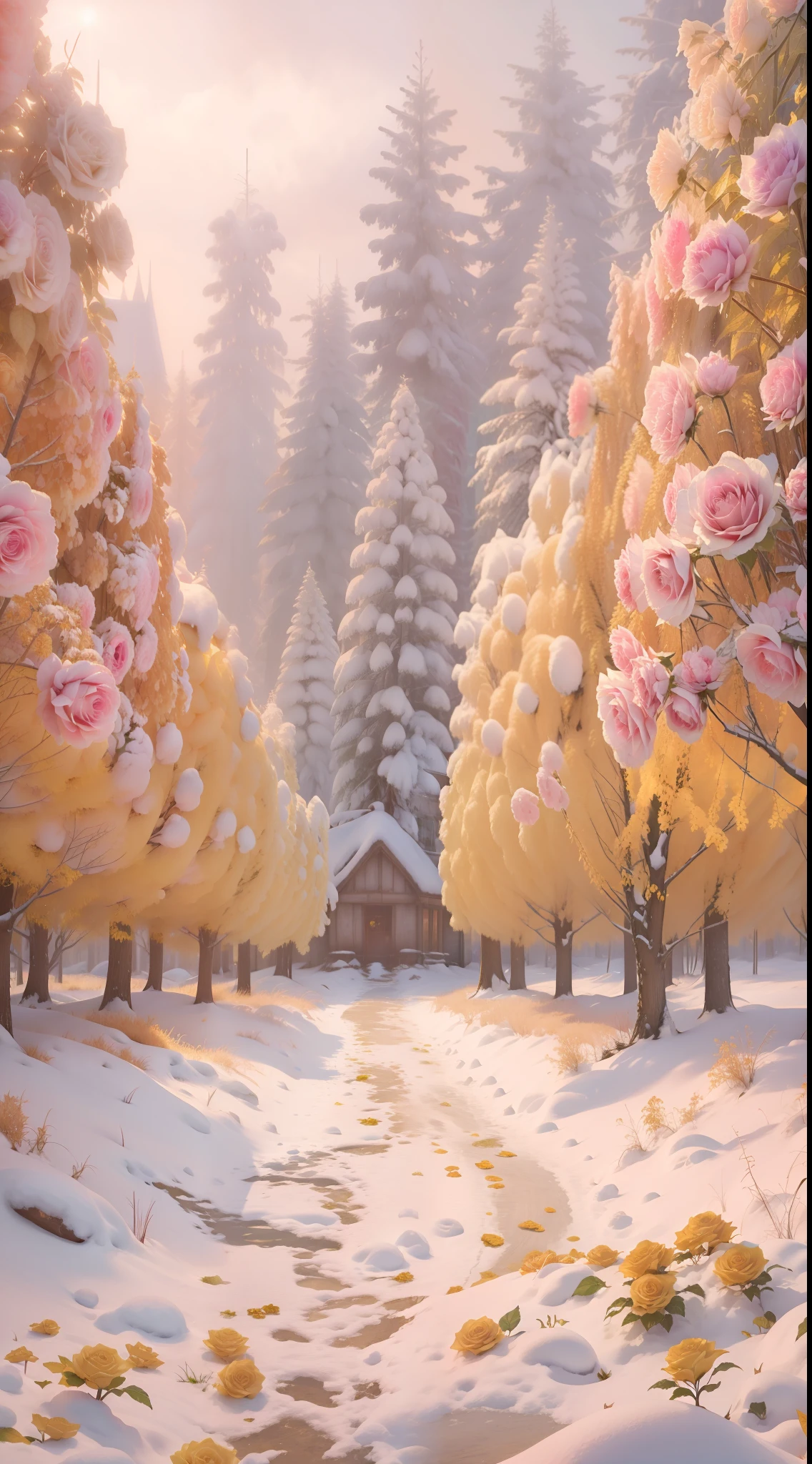 There are a lot of yellow roses in the snow，It is surrounded by pink forests，cinematric light，8K details