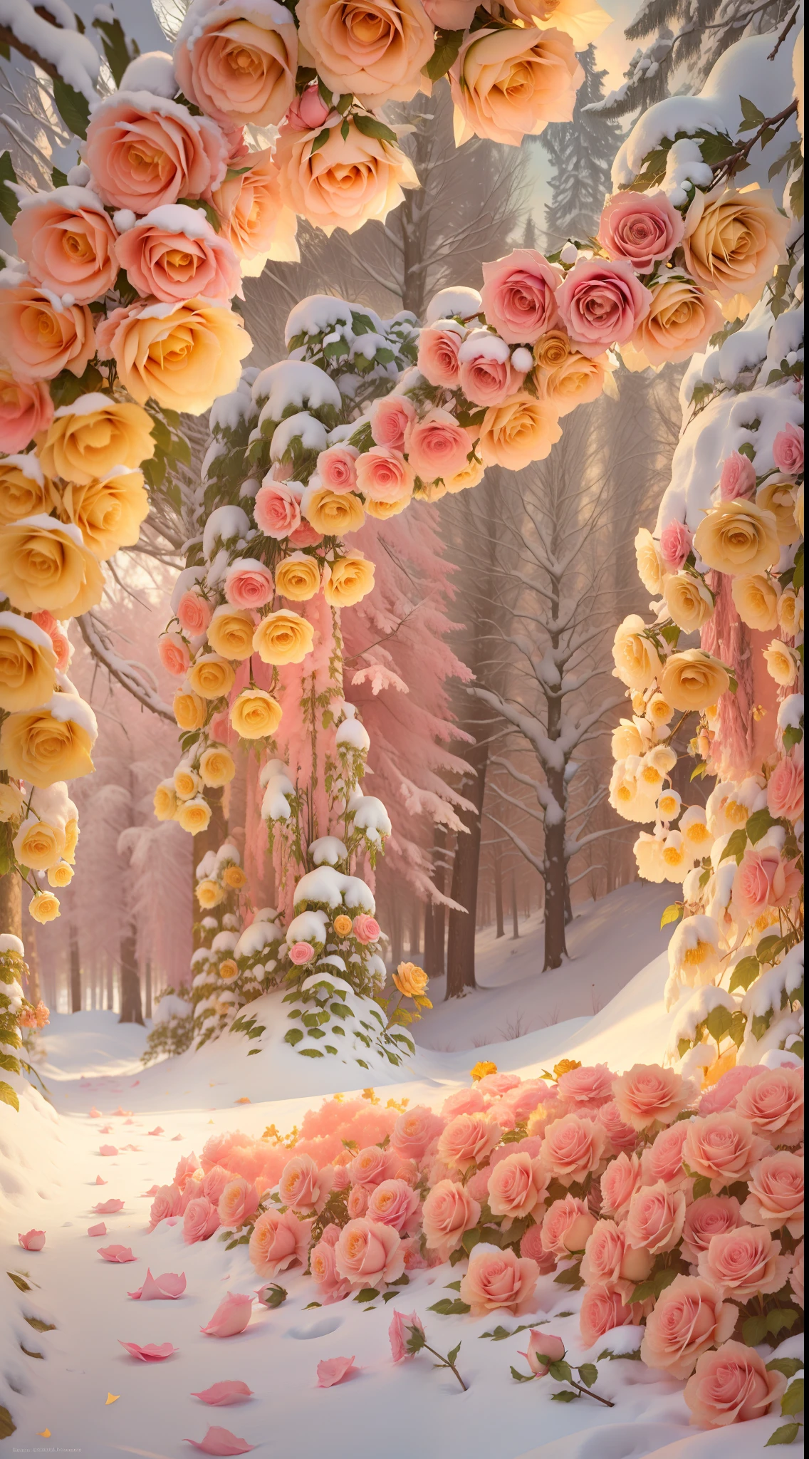 There are a lot of yellow roses in the snow，It is surrounded by pink forests，cinematric light，8K details