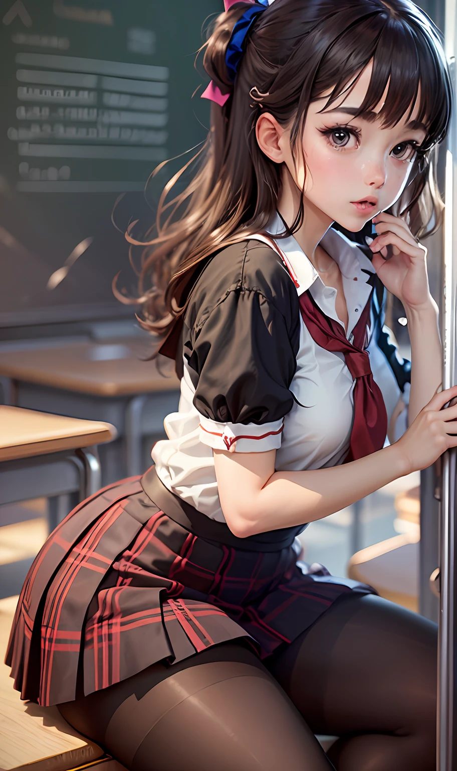 Masterpiece, Best Quality, Ultra Detailed, Illustration, Colorful, FAQ Color, Depth of Field, Lens Glow, 1girl, Anime, Seated, Brunette Look, School, Classroom, Pleated Miniskirt, School Uniform, Serafuku, Black Pantyhose, Delicate Skin Texture, Delicate Fabric Texture, Nice and Meticulous Face, Normal Hands