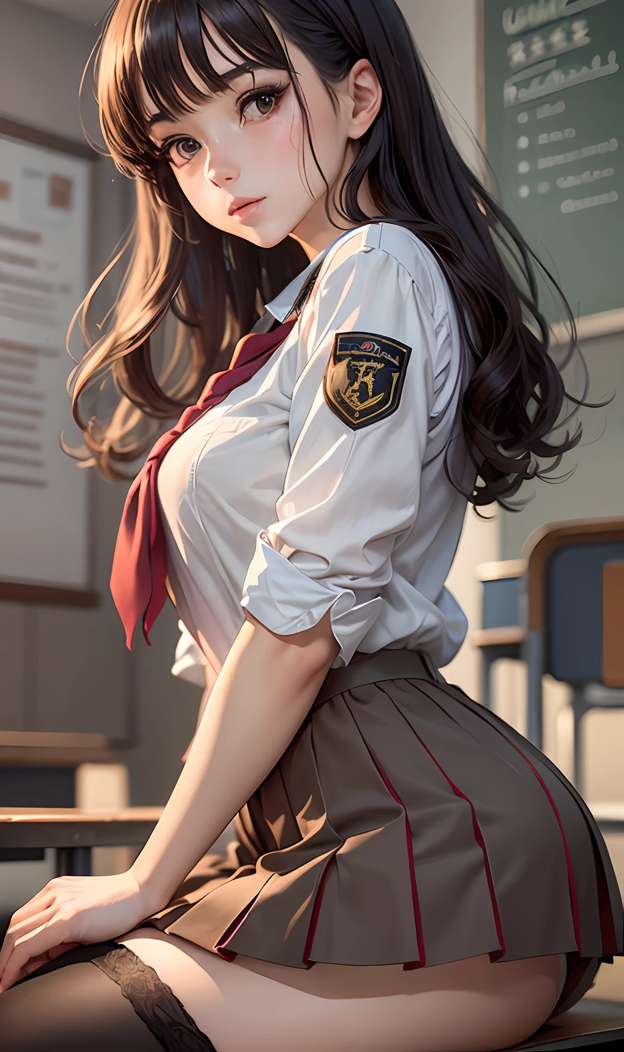 Masterpiece, Best Quality, Ultra Detailed, Illustration, Colorful, FAQ Color, Depth of Field, Lens Glow, 1girl, Anime, Seated, Brunette Look, School, Classroom, Pleated Miniskirt, School Uniform, Serafuku, Black Pantyhose, Delicate Skin Texture, Delicate Fabric Texture, Nice and Meticulous Face, Normal Hands