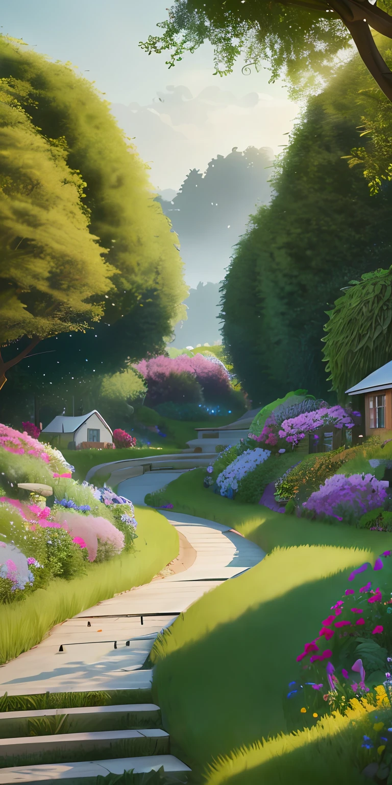 A row of houses，There is a big yard at the back，Plant fruit trees，Winding paths，The roadside is full of flowers, Lush forest,Masterpiece, Best quality, High quality, Extremely detailed Cg Unity 8K wallpaper, oil paiting, award winning photography, Bokeh, Depth of field, hdr, full bloom, color difference ,Photorealistic,Extremely detailed, trending on artstationh, trending on CGSociety, Intricate, High detail, Dramatic, art by midjourney, Volumetriclighting，White cloud, Pixar style, fantasy,many animals