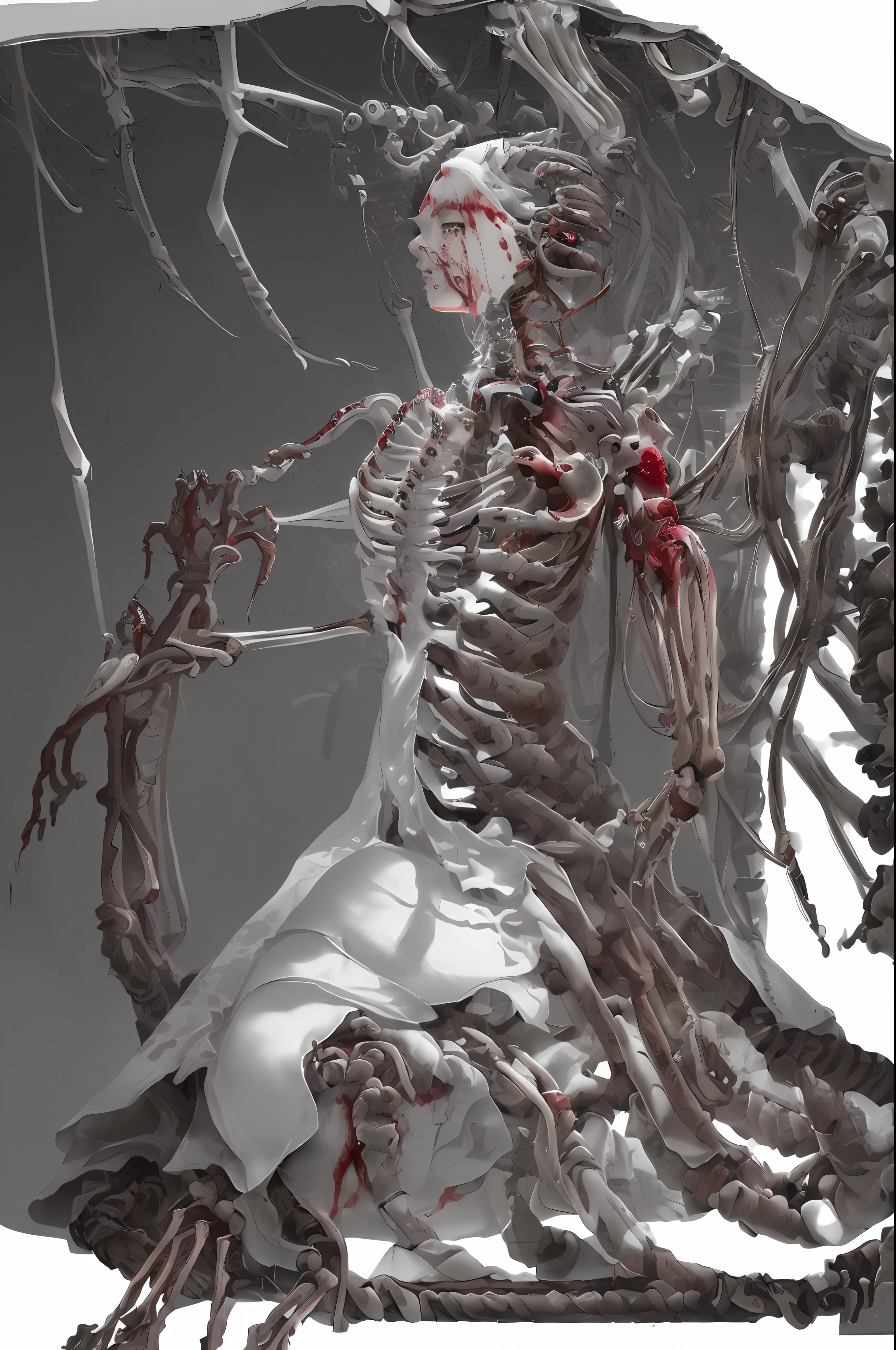 (masterpiece, top quality, best quality, official art, beautiful and aesthetic:1.2), (1girl:1.3), extreme detailed,colorful,highest detailed ((ultra-detailed)), (highly detailed CG illustration), ((an extremely delicate and beautiful)),(from side),cinematic light,((1mechanical girl)),solo,full body,(machine made joints:1.2),((machanical limbs)),(blood vessels connected to tubes),(mechanical vertebra attaching to back),((mechanical cervial attaching to neck)),(sitting),expressionless,(wires and cables attaching to neck:1.2),(wires and cables on head:1.2)(character focus),science fiction,white background,(blood:1.5)