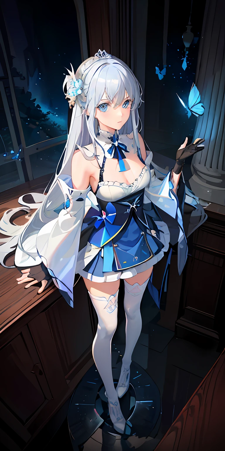 (Overhead view),dynamic angle,ultra-detailed, illustration, close-up, straight on, 1girl, (fantasy:1.4), (azure blue eyes:1.233),Her eyes shone like dreamy stars,(glowing eyes:1.233),(beautiful and detailed eyes:1.1),(Silver hair:1.14),(messy hair,very long hair,french braid,hair between eyes,sidelocks), (+(bule hair flower:1.14)),(chiffon dress,bule flower pattern in uniform)/=(military uniform:1.24),(detached sleeves,wide sleeves),(fingerless gloves),choker,(miko thighhighs),High heeled boots,(expressionless,closed mouth),(standing), (classical Princess boudoir with dressing tableand french windowin a white ancient palaces),(white flowers,bloom),(abysmal sea),(flowing water),(a dull blue world tree:1.14),(ruins),(night:1.2),dreamy,soul,(fluorescence),(flying translucent blue butterflies:1.15), [[delicate fingers and hands:0.55]::0.85],(detail fingers),(yubao:0.5),